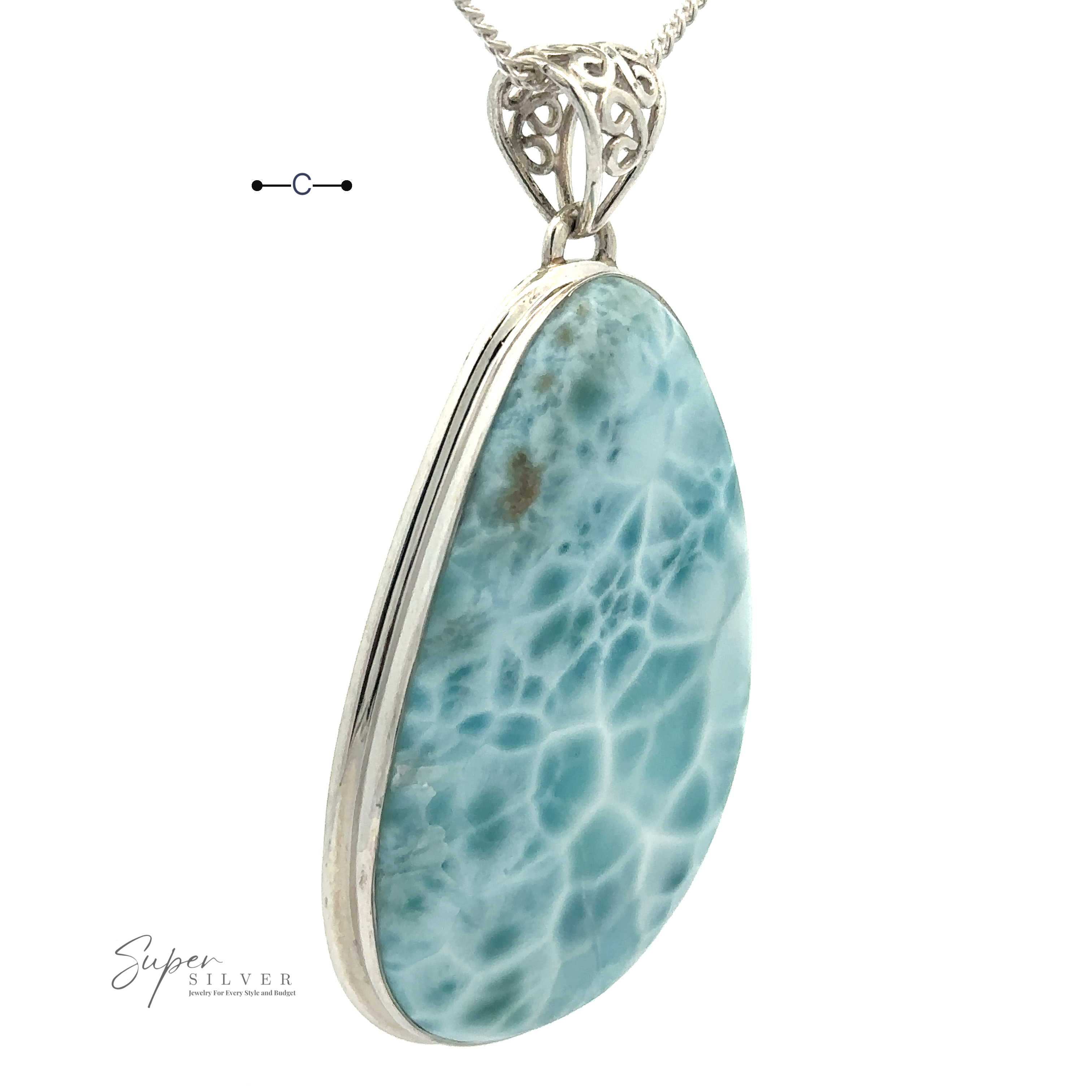 A Freeform Large Larimar Pendant encased in sterling silver hangs from an ornate silver chain. The stone features a striking pattern of light blue and white veins. "Super Silver" is inscribed at the bottom left.