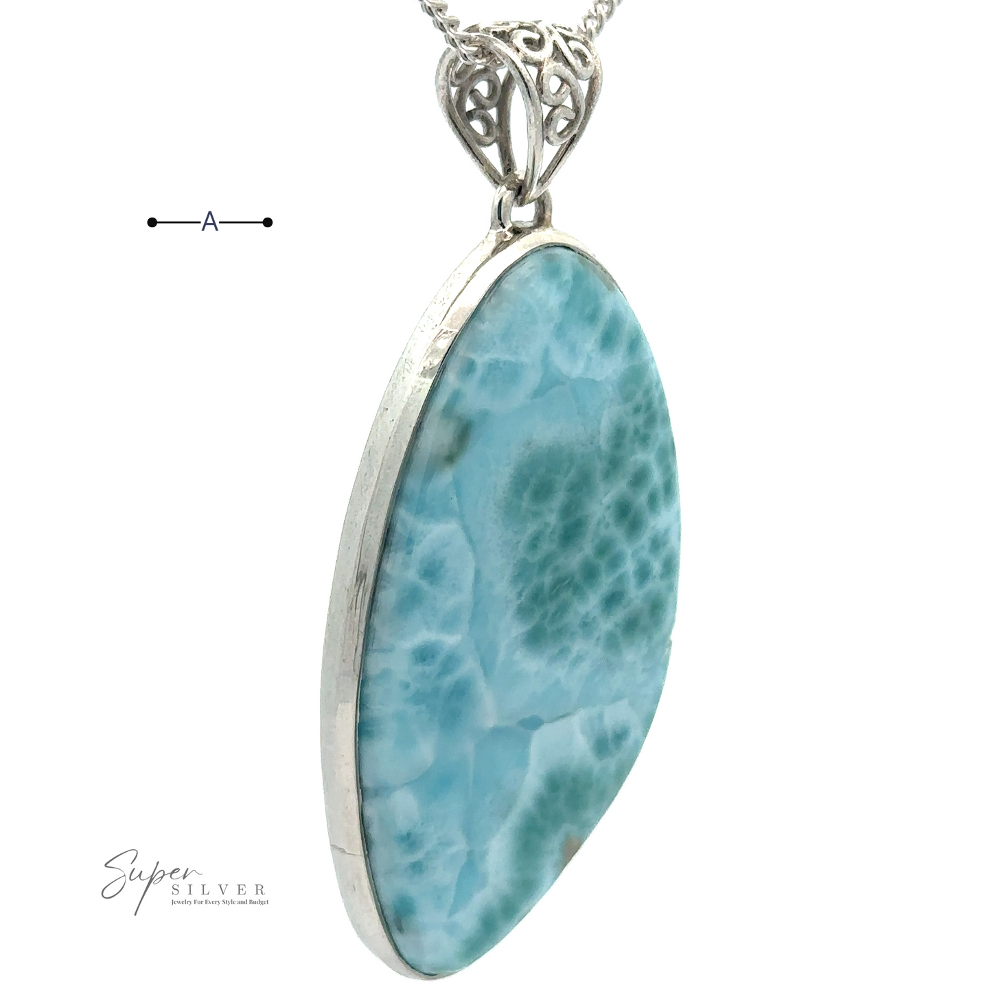 
                  
                    An oval-shaped blue stone pendant with a silver border and ornate silver bail, made of .925 Sterling Silver, hanging from a chain with a "Freeform Large Larimar Pendant" logo at the bottom left.
                  
                