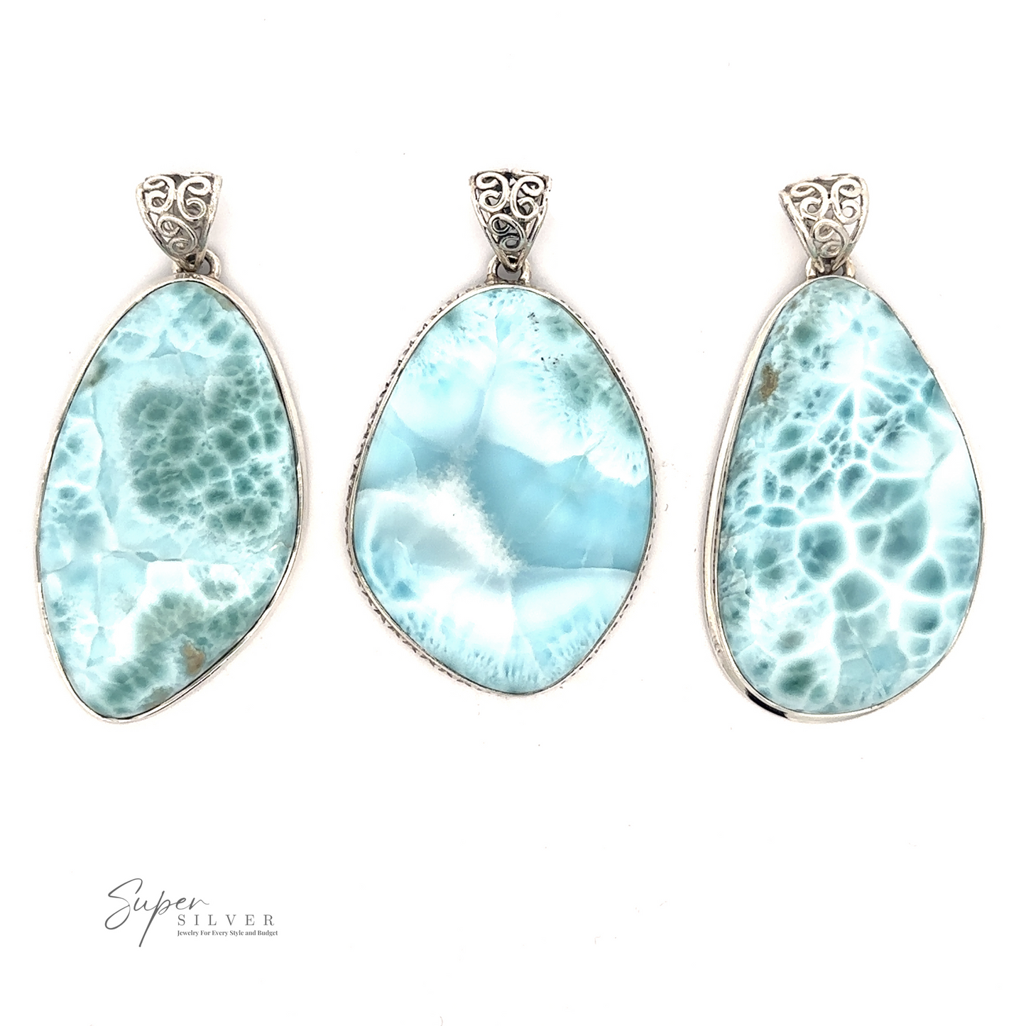 
                  
                    Three Freeform Large Larimar Pendants, each with unique blue and white patterns, set in Sterling Silver bezels with decorative bails, displayed on a plain white background.
                  
                