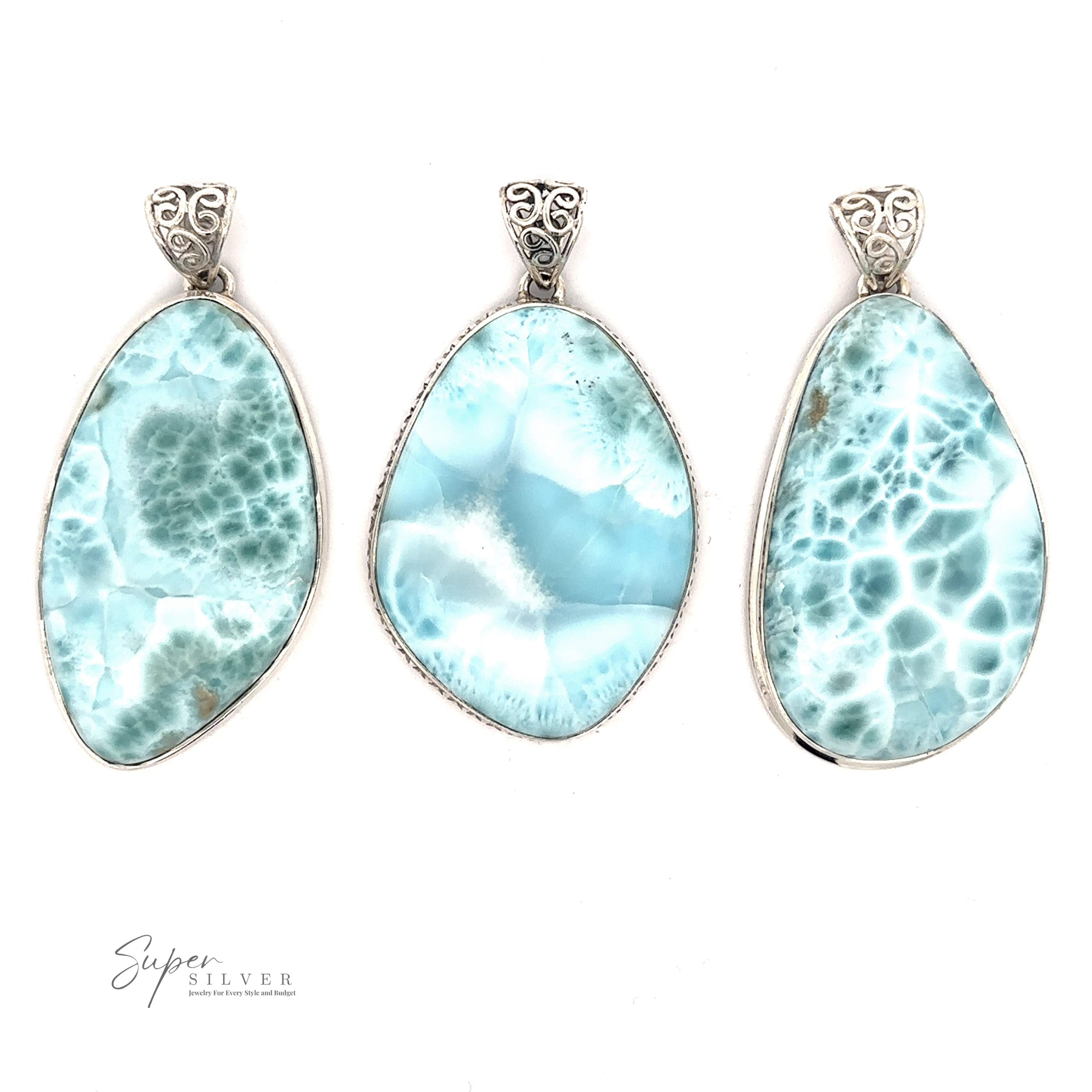 Three Freeform Large Larimar Pendants, each with unique blue and white patterns, set in Sterling Silver bezels with decorative bails, displayed on a plain white background.
