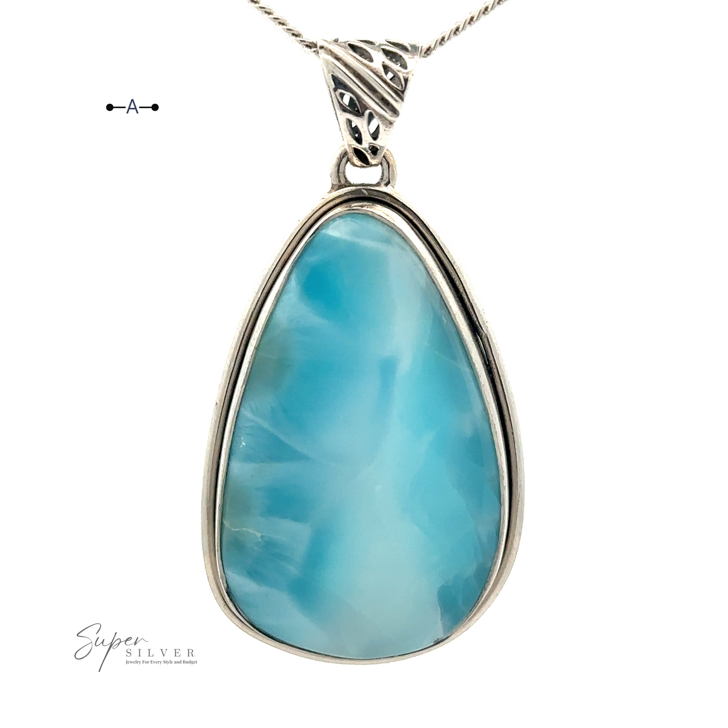 An elegant Larimar Pendant with Simple Border featuring a teardrop-shaped Larimar gemstone set in a sterling silver frame, displayed against a white background.