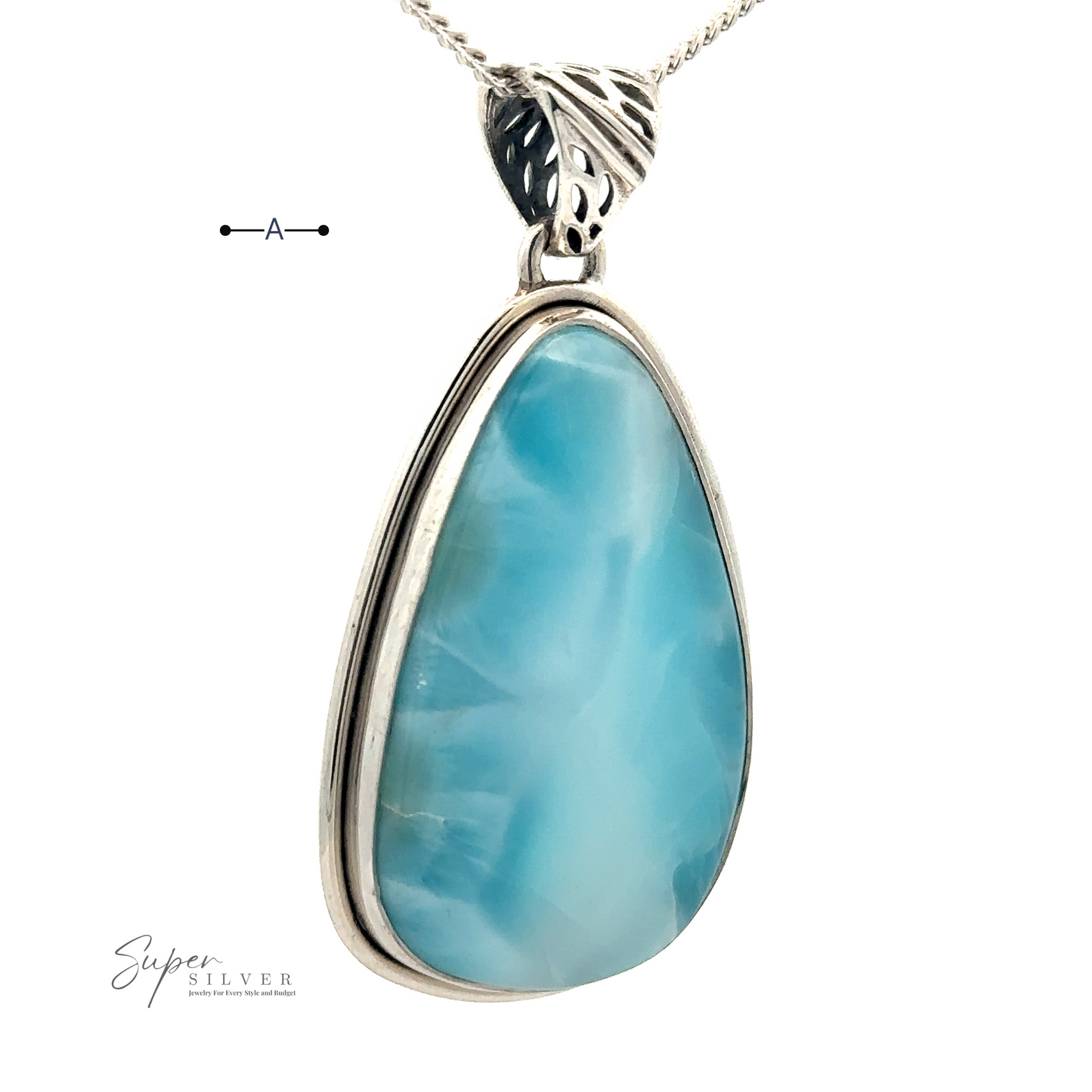 
                  
                    An elegant Larimar Pendant with Simple Border hangs from a chain.
                  
                