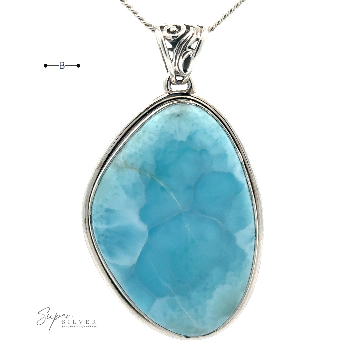 
                  
                    An elegant Larimar Pendant with Simple Border with a sterling silver setting and an ornate bail, hanging on a chain. The background is white.
                  
                