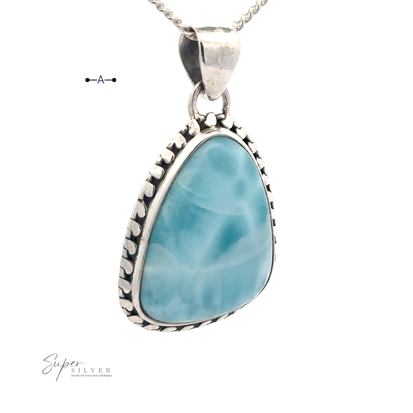 
                  
                    A Larimar Pendant with Decorated Border set in a .925 Sterling Silver frame with a twisted rope design, elegantly hanging from your favorite chain (chain not included).
                  
                