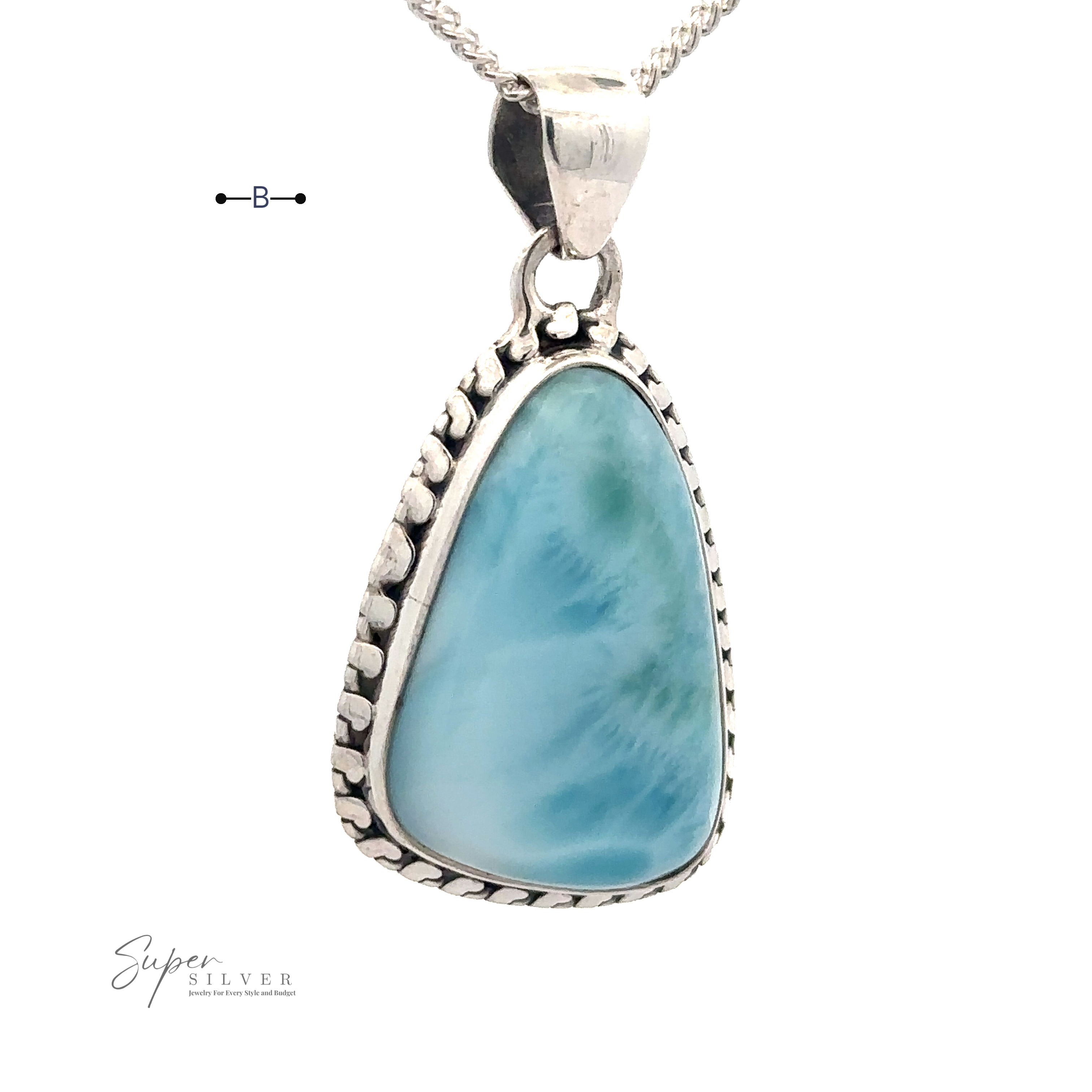 A silver pendant necklace featuring a large, triangular blue Larimar stone with a textured .925 Sterling Silver border. The stone has a marble-like appearance, and the chain is a simple silver link design (chain not included). It is called the Larimar Pendant with Decorated Border.