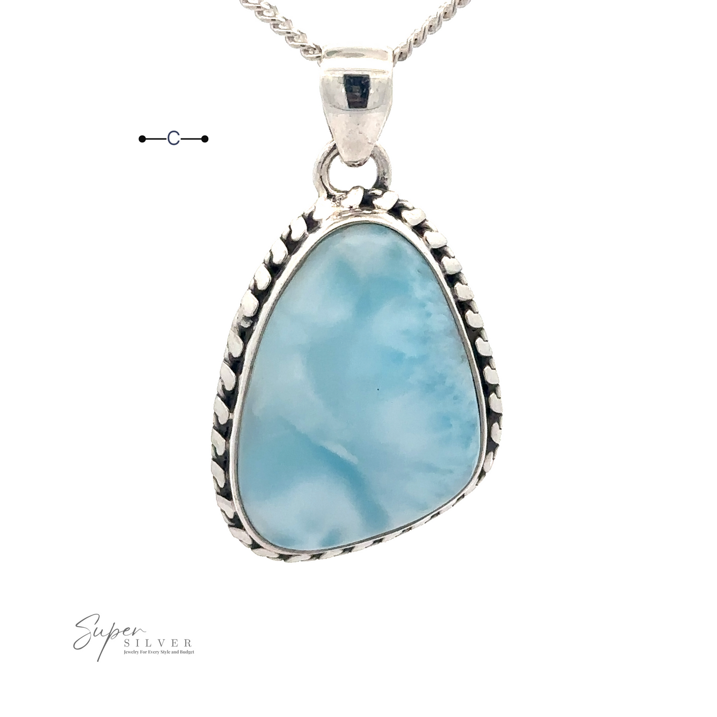 
                  
                    A silver necklace with a triangular pendant featuring a large, light blue Larimar stone with a marbled pattern. The pendant has a detailed border design and is crafted from .925 Sterling Silver. The text "Larimar Pendant with Decorated Border" is at the bottom left. Chain not included.
                  
                