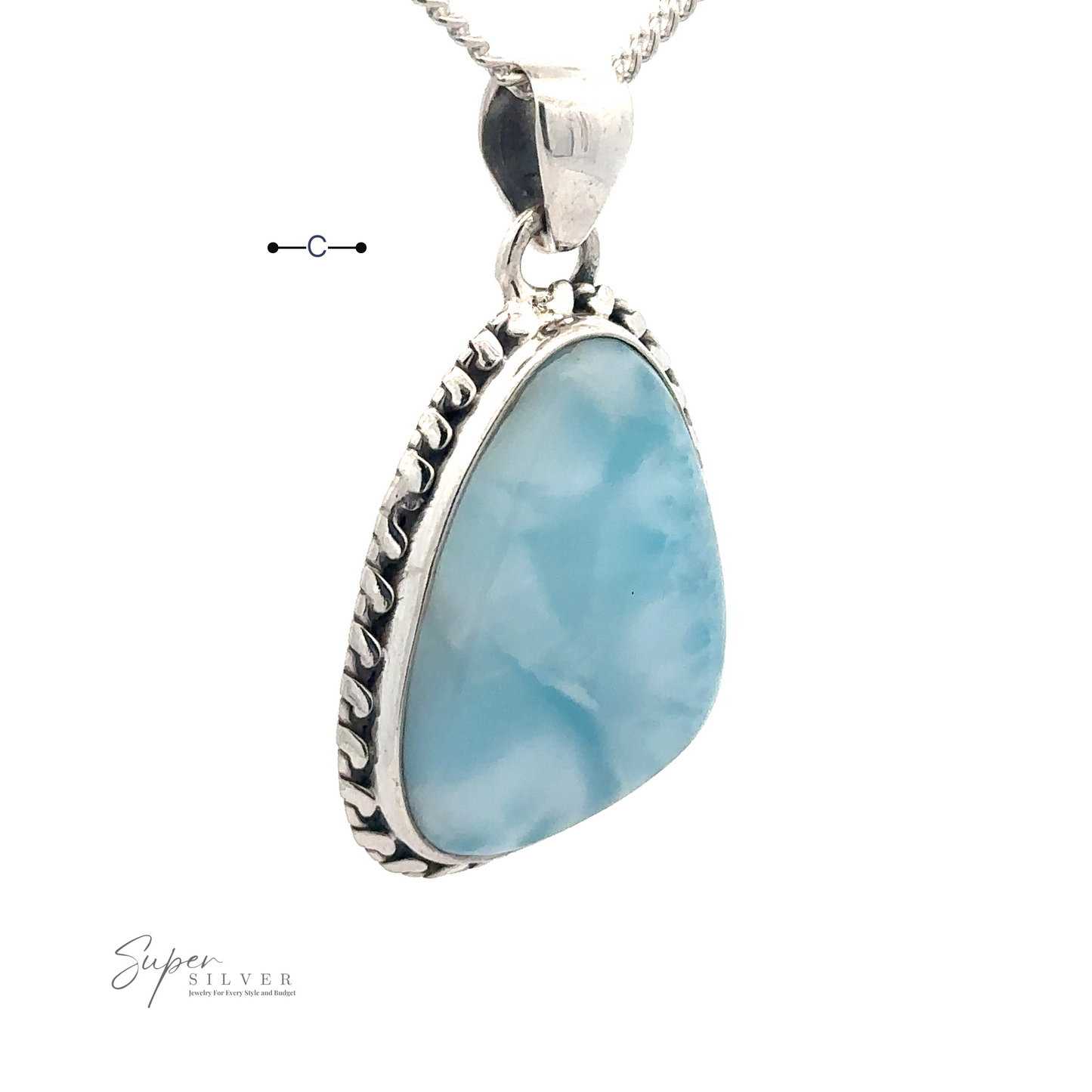 
                  
                    A close-up of a Larimar Pendant with Decorated Border featuring a stunning Larimar gemstone set in a decorative .925 Sterling Silver frame, hanging from a delicate silver chain. The background is white with the "Super Silver" logo visible in the lower left corner. Chain not included.
                  
                
