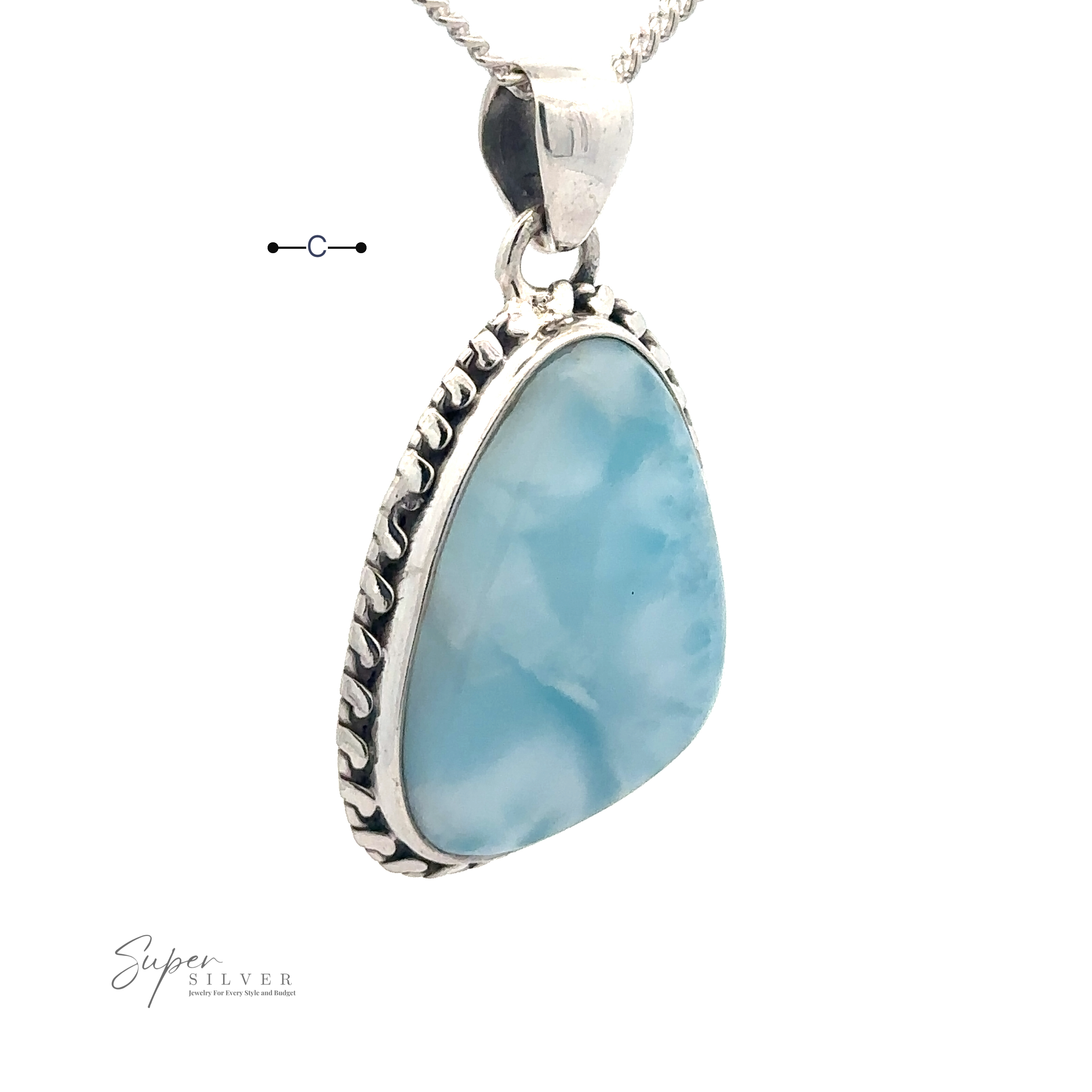 A close-up of a Larimar Pendant with Decorated Border featuring a stunning Larimar gemstone set in a decorative .925 Sterling Silver frame, hanging from a delicate silver chain. The background is white with the "Super Silver" logo visible in the lower left corner. Chain not included.