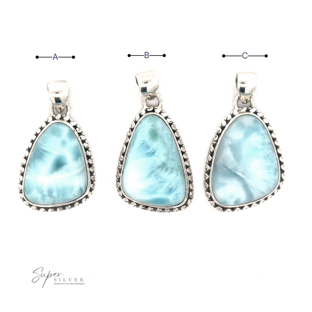 
                  
                    Three Larimar Pendant with Decorated Border labeled A, B, and C. Each pendant varies slightly in size and shape. The image branding reads "Super Silver" in the bottom left corner. Chain not included.
                  
                