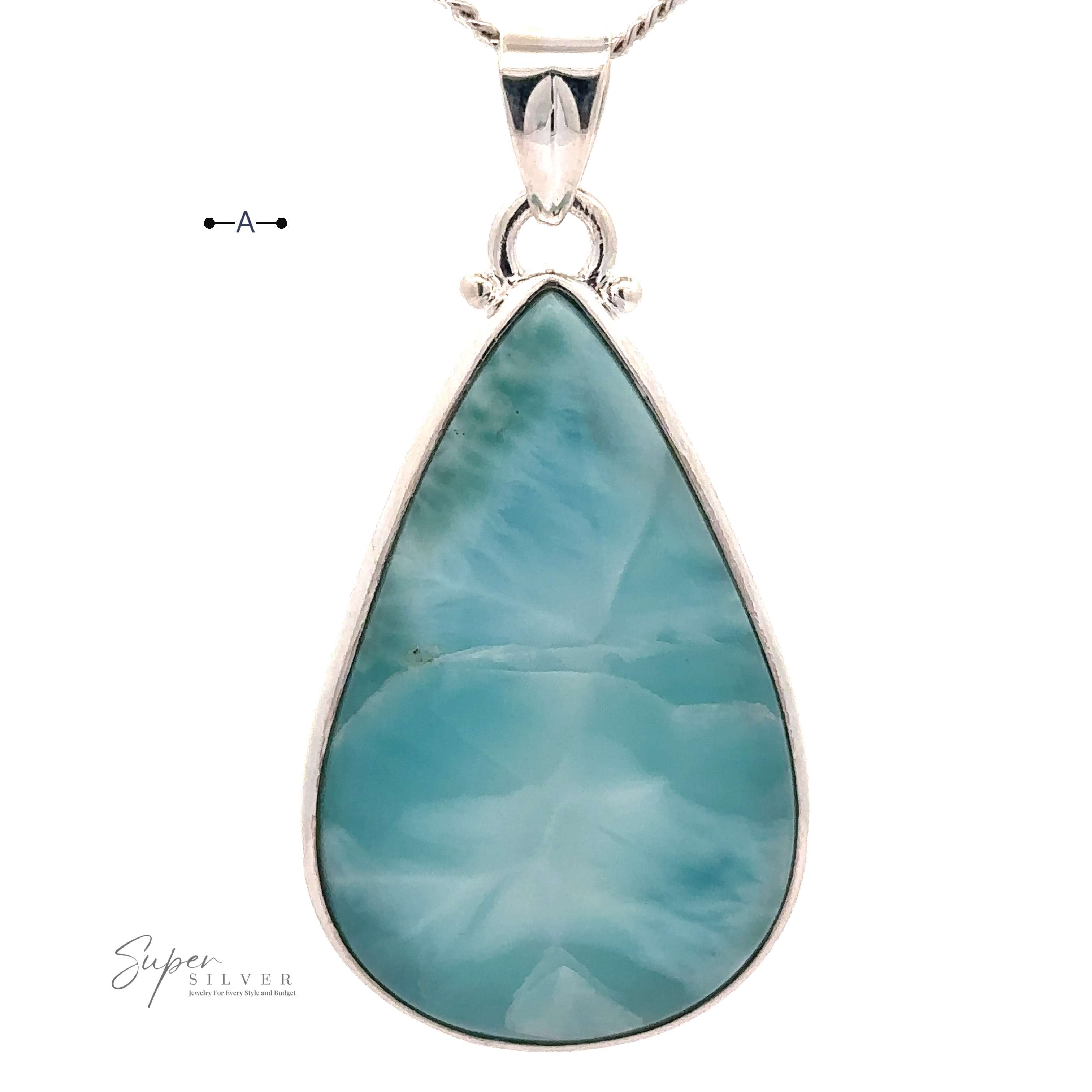 Close-up of a Larger Teardrop Larimar Pendant set in sterling silver with a thin chain. The text "Super Silver" is visible in the bottom left corner.