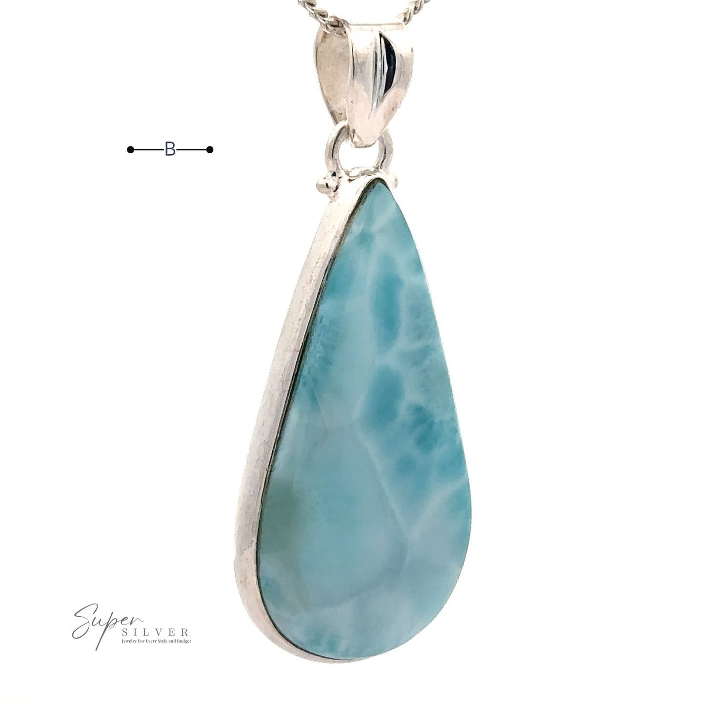 
                  
                    A silver necklace with a large, teardrop-shaped Larger Teardrop Larimar Pendant. The sterling silver pendant showcases a polished light blue surface with natural white marbling.
                  
                
