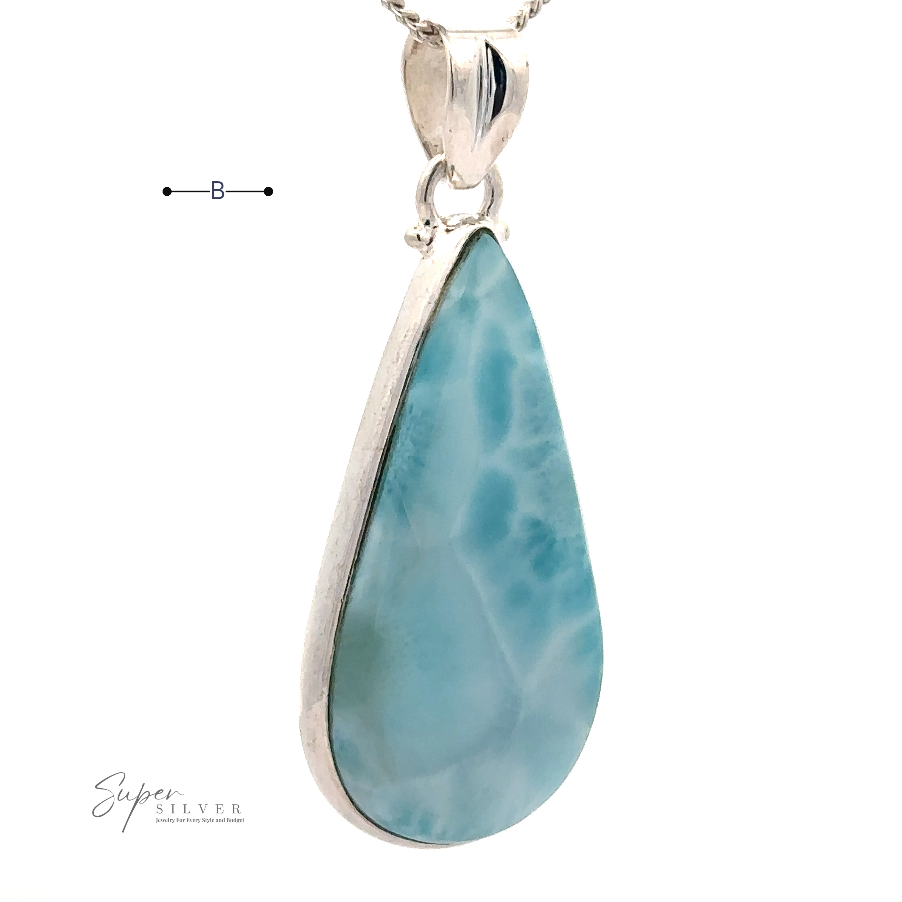 A silver necklace with a large, teardrop-shaped Larger Teardrop Larimar Pendant. The sterling silver pendant showcases a polished light blue surface with natural white marbling.