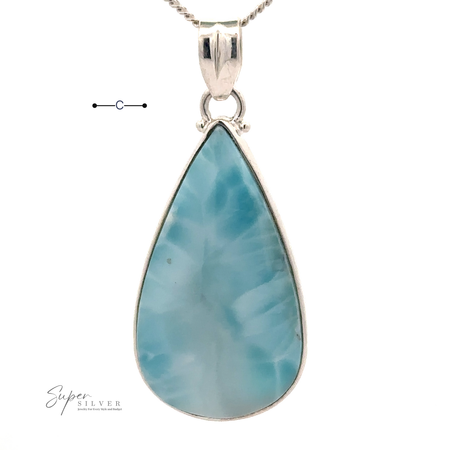
                  
                    A Larger Teardrop Larimar Pendant set in sterling silver with a chain. The logo "Super Silver" is visible in the bottom left corner.
                  
                