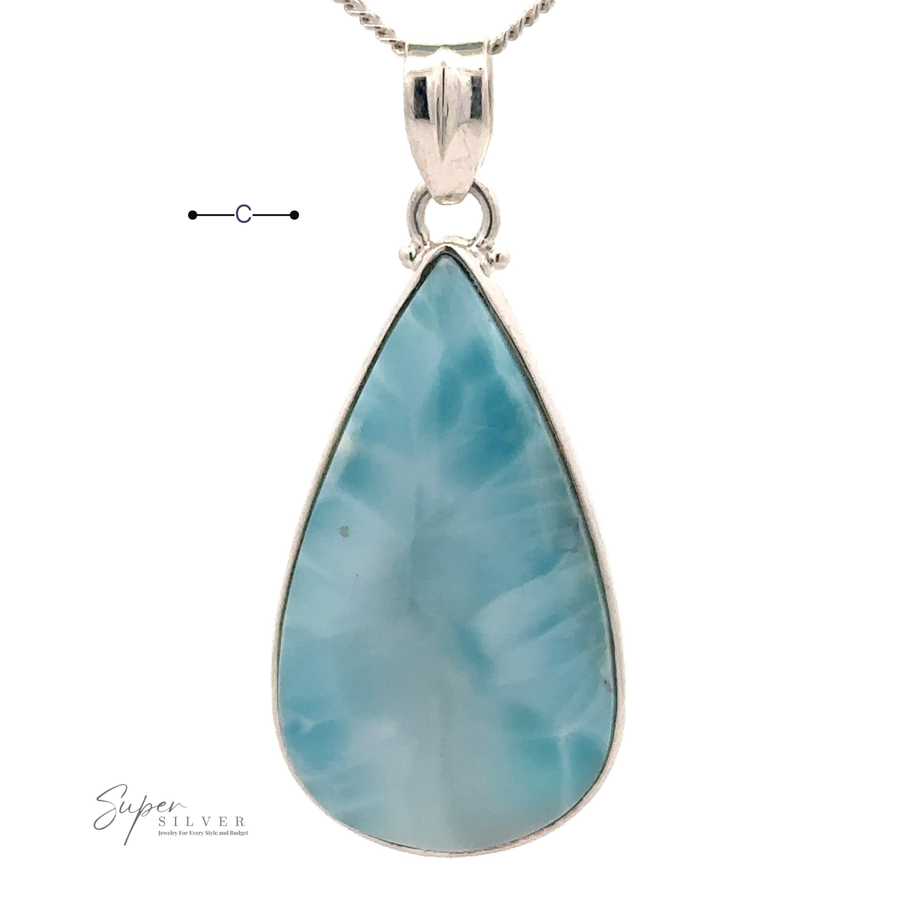 A Larger Teardrop Larimar Pendant set in sterling silver with a chain. The logo "Super Silver" is visible in the bottom left corner.