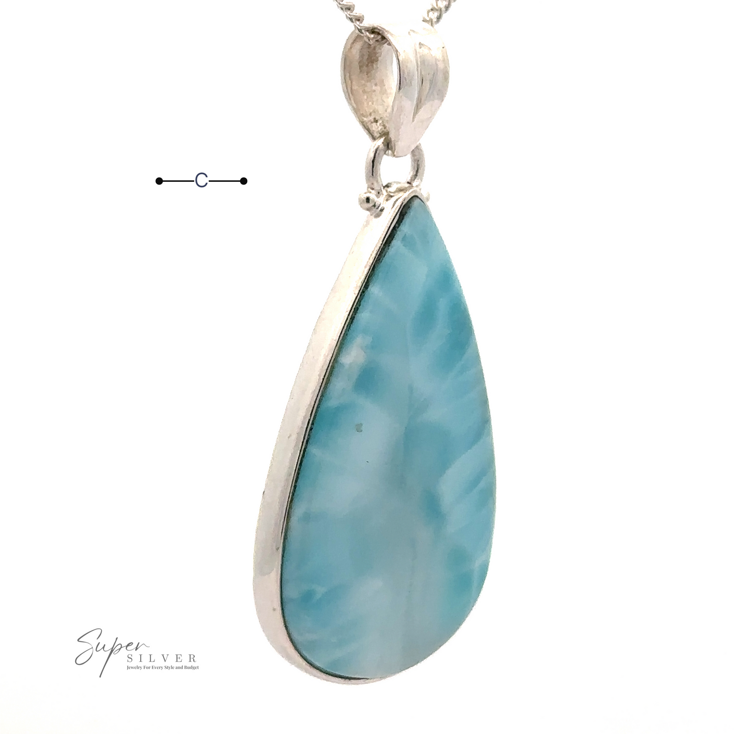 
                  
                    A Larger Teardrop Larimar Pendant set in Sterling Silver hangs from a silver chain. The background is plain white, displaying the Super Silver logo in the bottom left corner.
                  
                