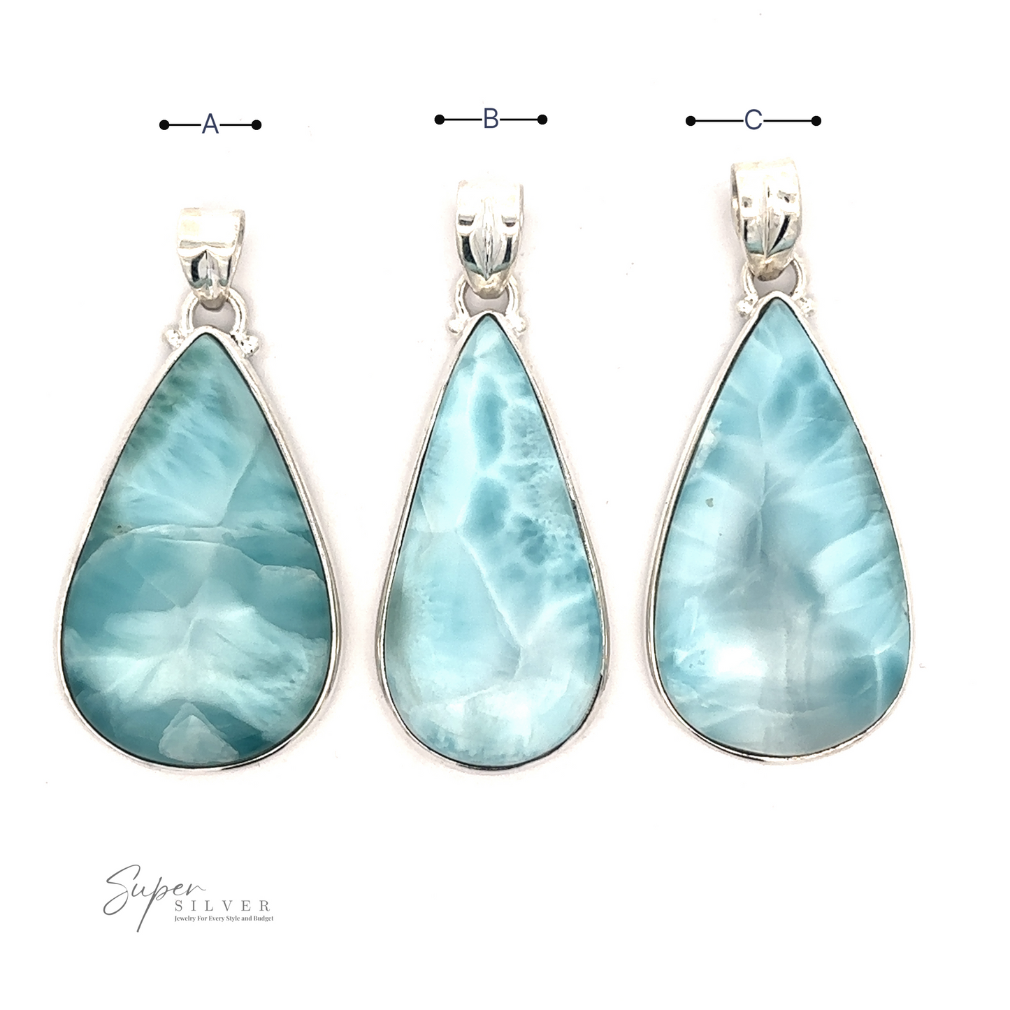 
                  
                    Three Larger Teardrop Larimar Pendants with blue, teardrop-shaped stones labeled A, B, and C are displayed in a row on a white background. The logo reading "Super Silver" is in the bottom-left corner.
                  
                