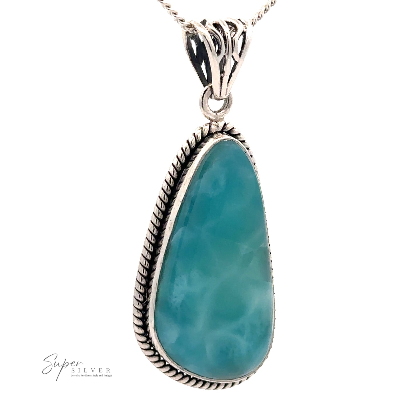 
                  
                    A deep blue Larimar Pendant with Rope Border, encased in an ornate sterling silver setting, hangs on a gleaming silver chain. The text "Super Silver" appears in the bottom left corner.
                  
                