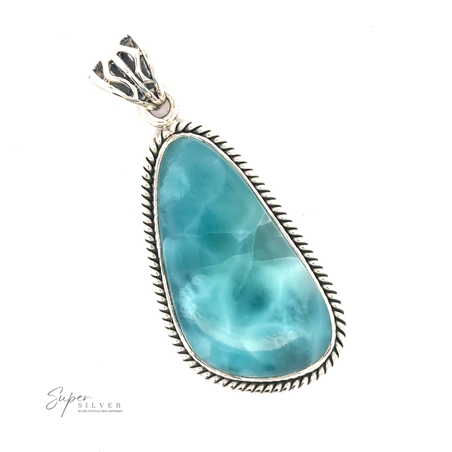 
                  
                    A stunning Larimar Pendant with Rope Border featuring a tear-shaped deep blue gemstone set in an elegant silver frame with a decorative bail at the top.
                  
                