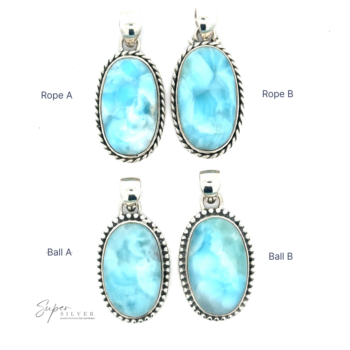 Four Larimar Oval Pendants with Ball or Rope Border are displayed, featuring unique metal edge designs: Rope A, Rope B, Ball A, and Ball B. Each pendant is meticulously crafted with sterling silver. The text "Super Silver" is in the bottom left corner.