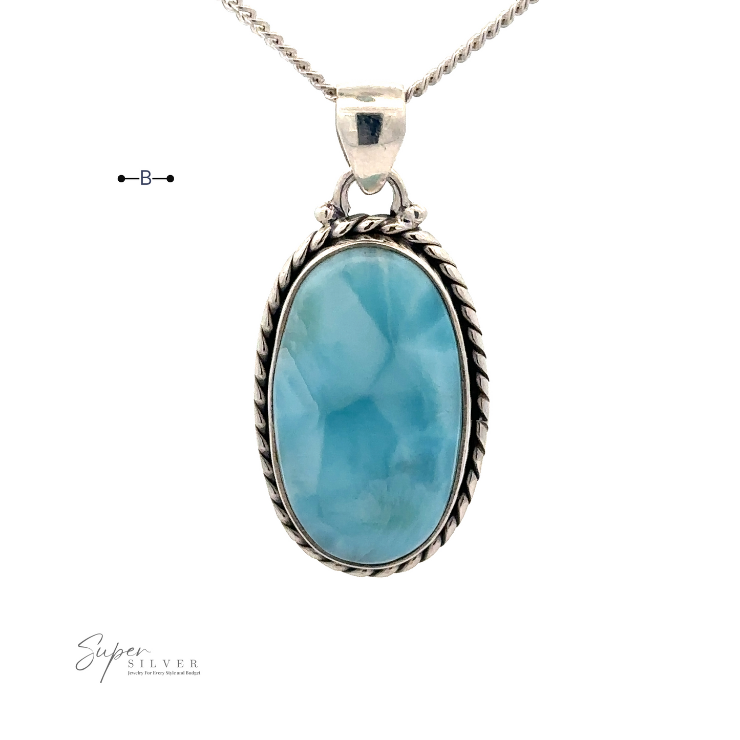 
                  
                    A sterling silver necklace featuring a Larimar Oval Pendant with Ball or Rope Border.
                  
                