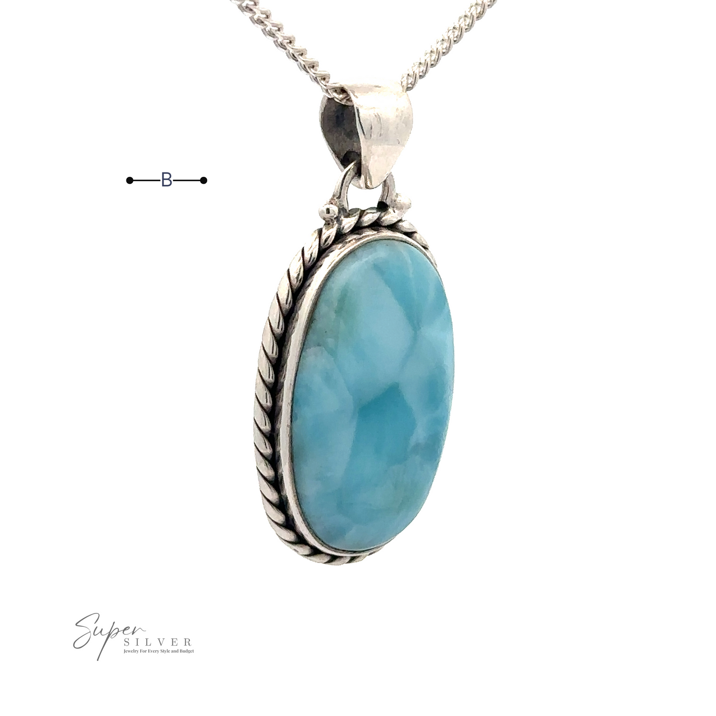 
                  
                    A **Larimar Oval Pendant with Ball or Rope Border** is attached to a sterling silver chain. The image includes the logo "Super Silver" in the lower left corner.
                  
                
