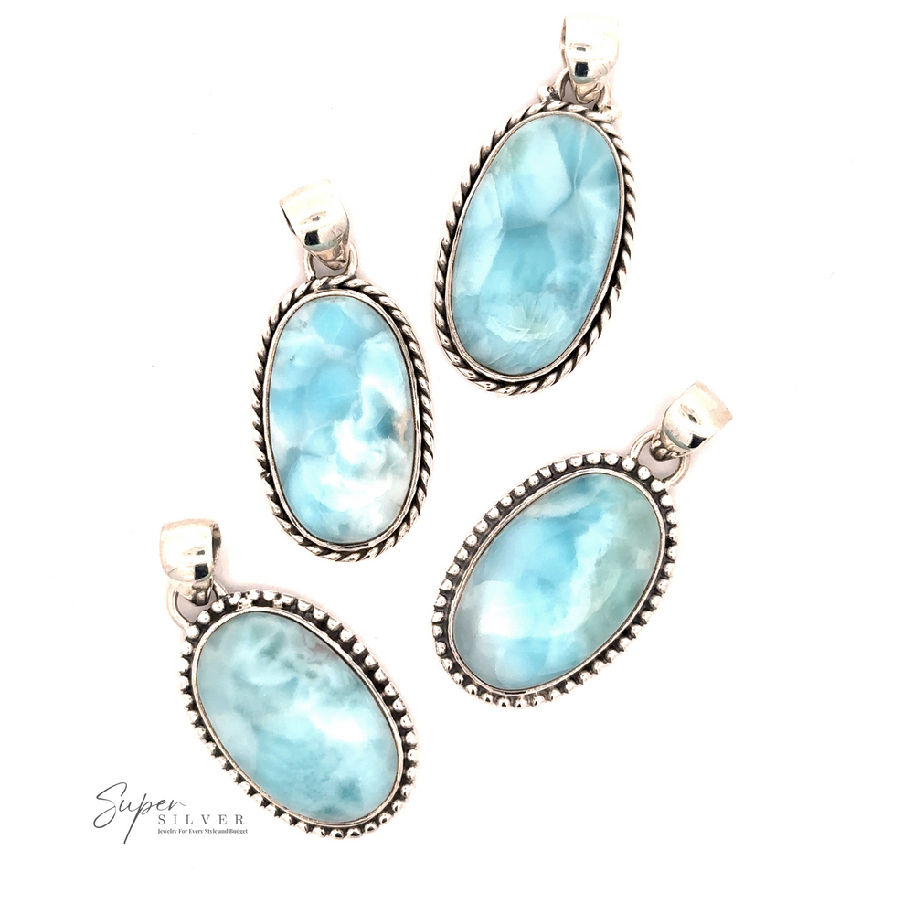 
                  
                    Four Larimar Oval Pendants with Ball or Rope Border featuring oval-shaped blue larimar stones are arranged on a white background. The text "Super Silver" is visible in the lower-left corner.
                  
                