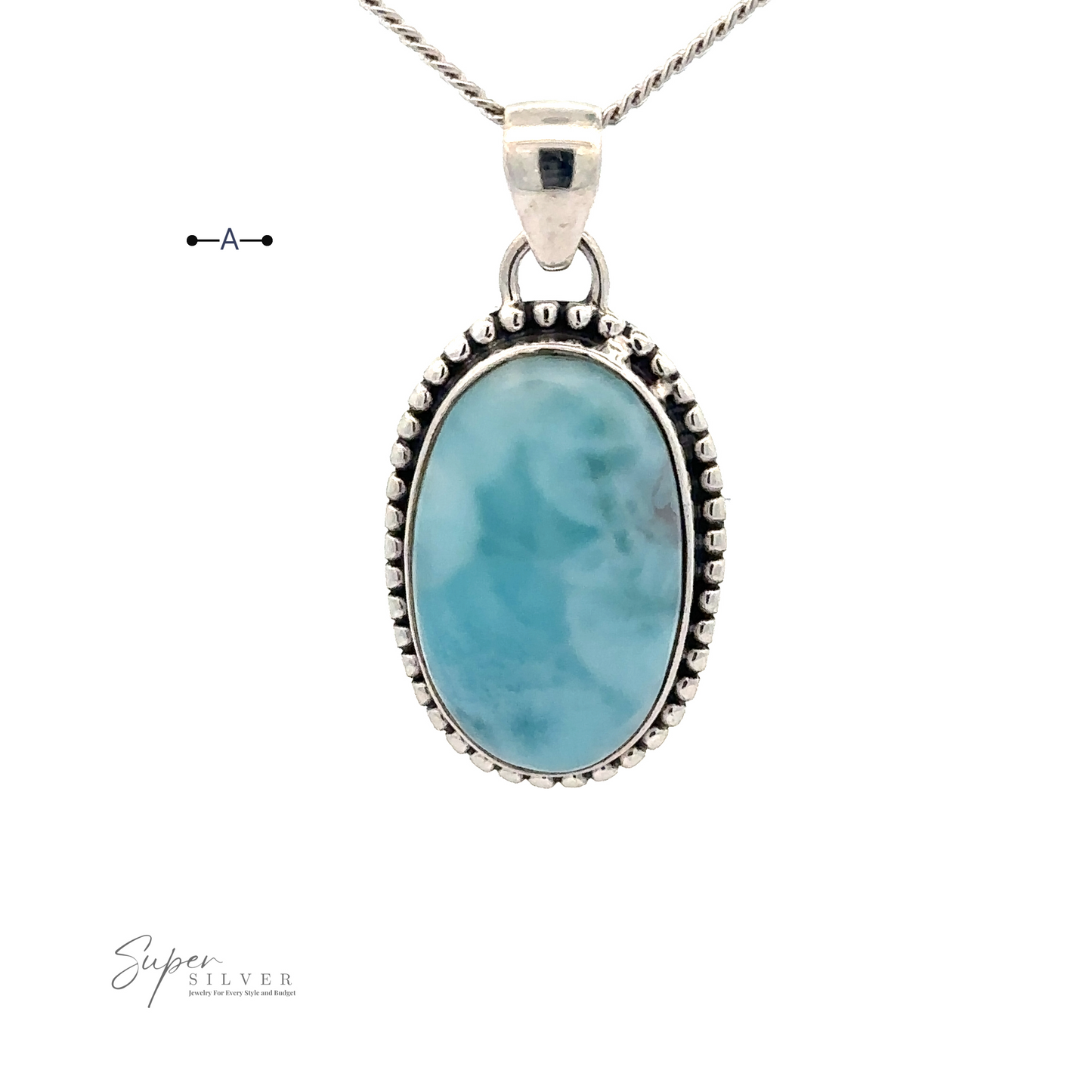 
                  
                    Larimar Oval Pendant with Ball or Rope Border. Small bead-like detailing surrounds the pendant. The background is white, and the text "Super Silver" appears in the bottom left corner.
                  
                