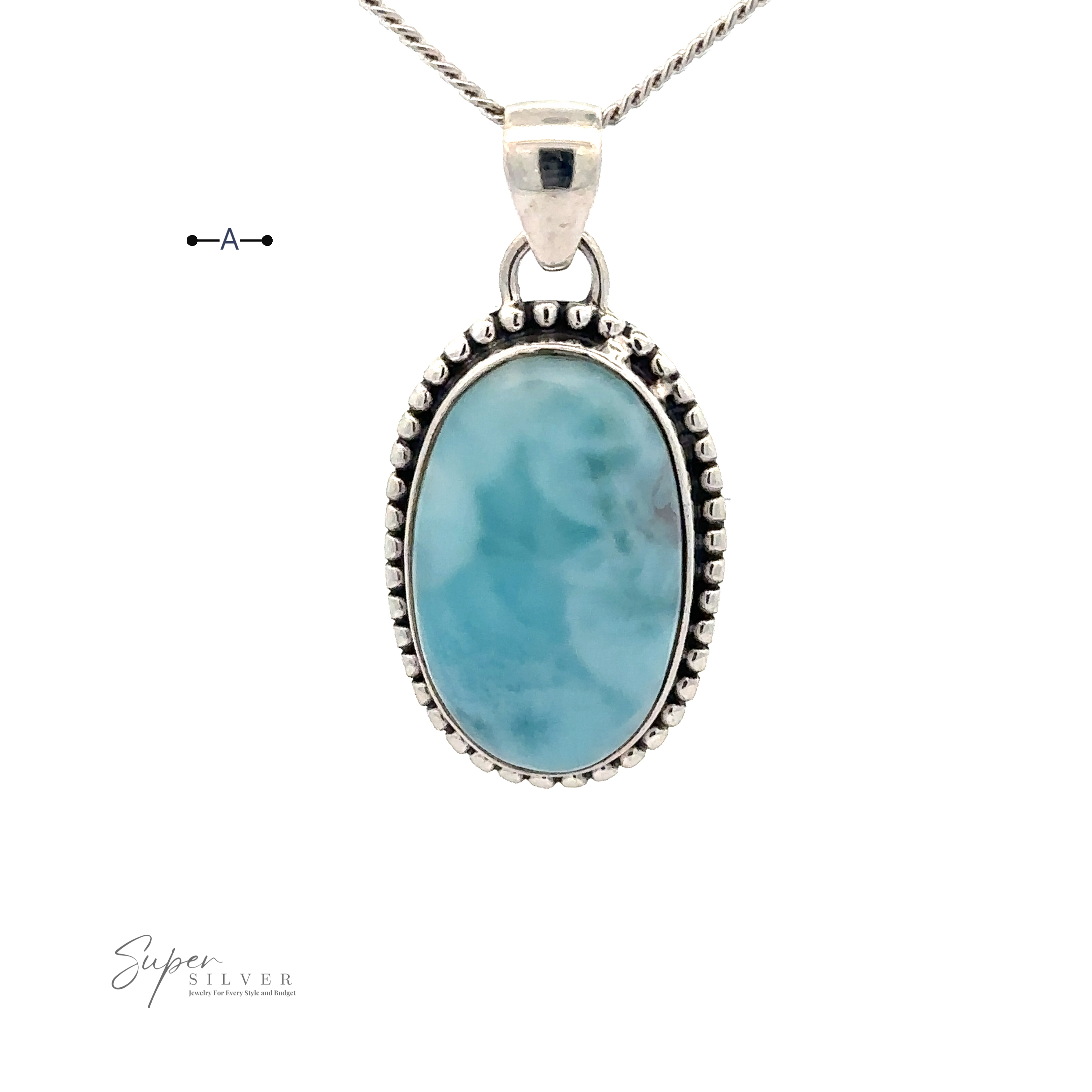 Larimar Oval Pendant with Ball or Rope Border. Small bead-like detailing surrounds the pendant. The background is white, and the text "Super Silver" appears in the bottom left corner.