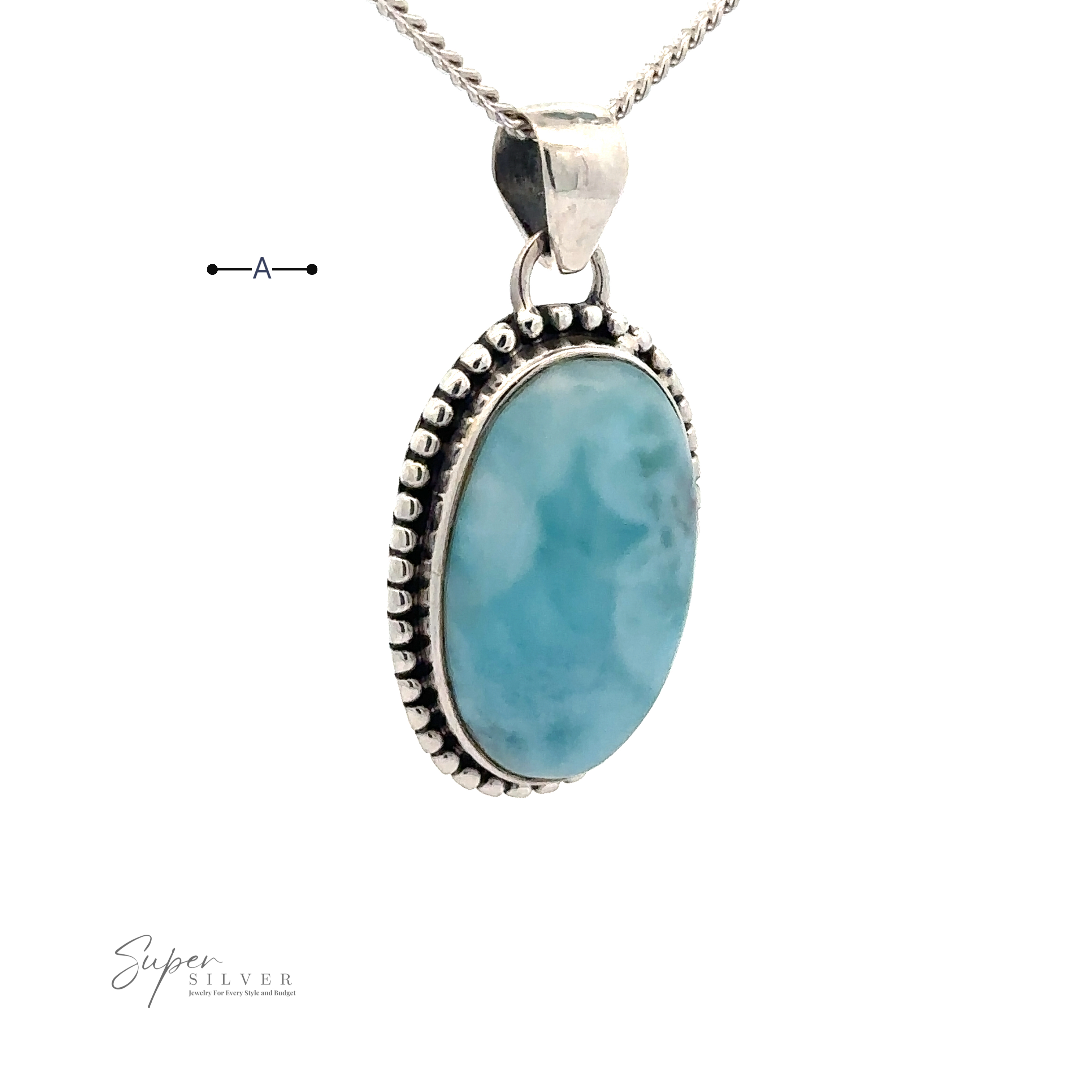 A Larimar Oval Pendant with Ball or Rope Border featuring an oval Larimar stone, hanging from a matching silver chain. The text "Super Silver" is visible in the lower left.