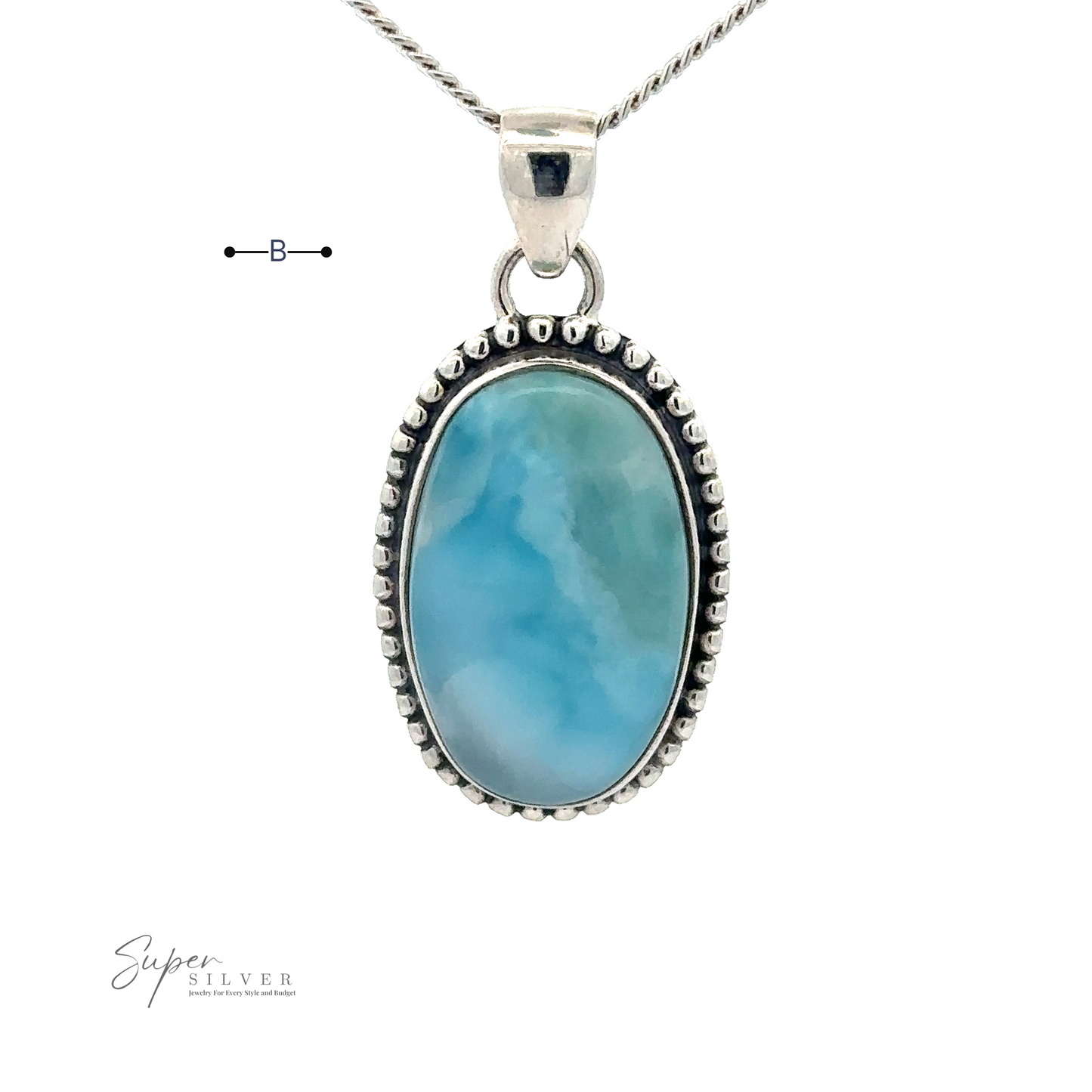 
                  
                    An oval-shaped Larimar Oval Pendant with Ball or Rope Border on a silver chain. The text "Super Silver" is visible in the bottom left corner.
                  
                