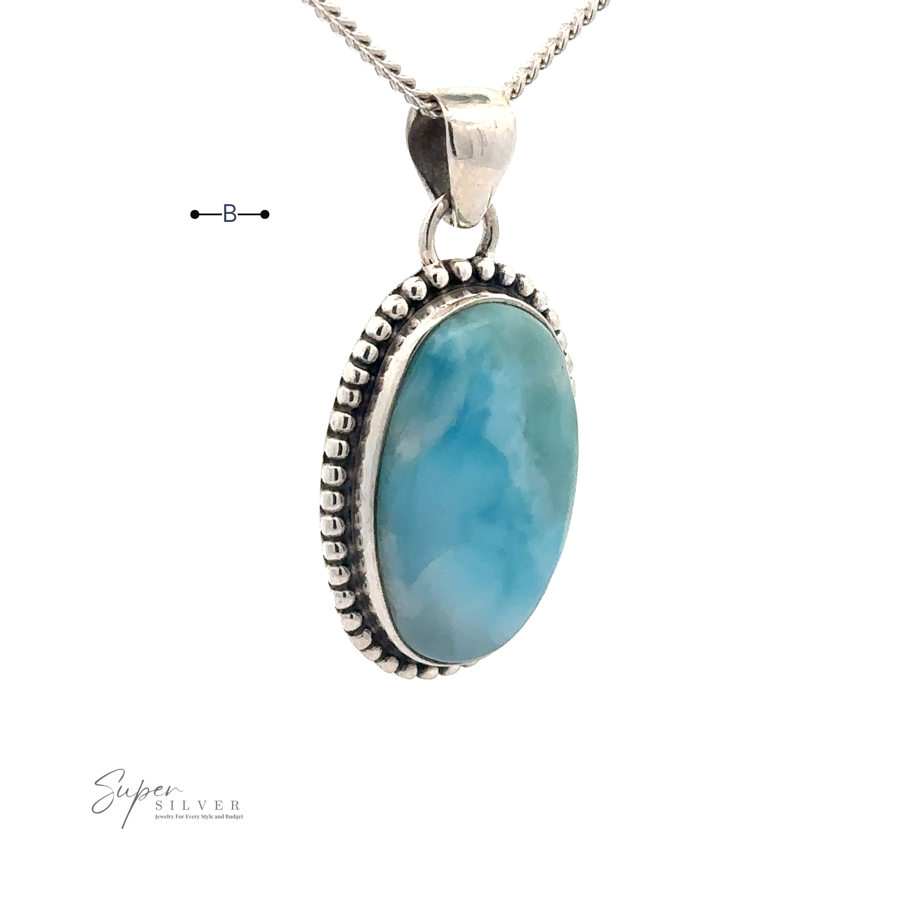 Close-up of a sterling silver necklace with a blue oval Larimar Oval Pendant with Ball or Rope Border. The chain is thin, and the pendant is bordered by a beaded design. The text "Super Silver" and measurements are visible in the background.