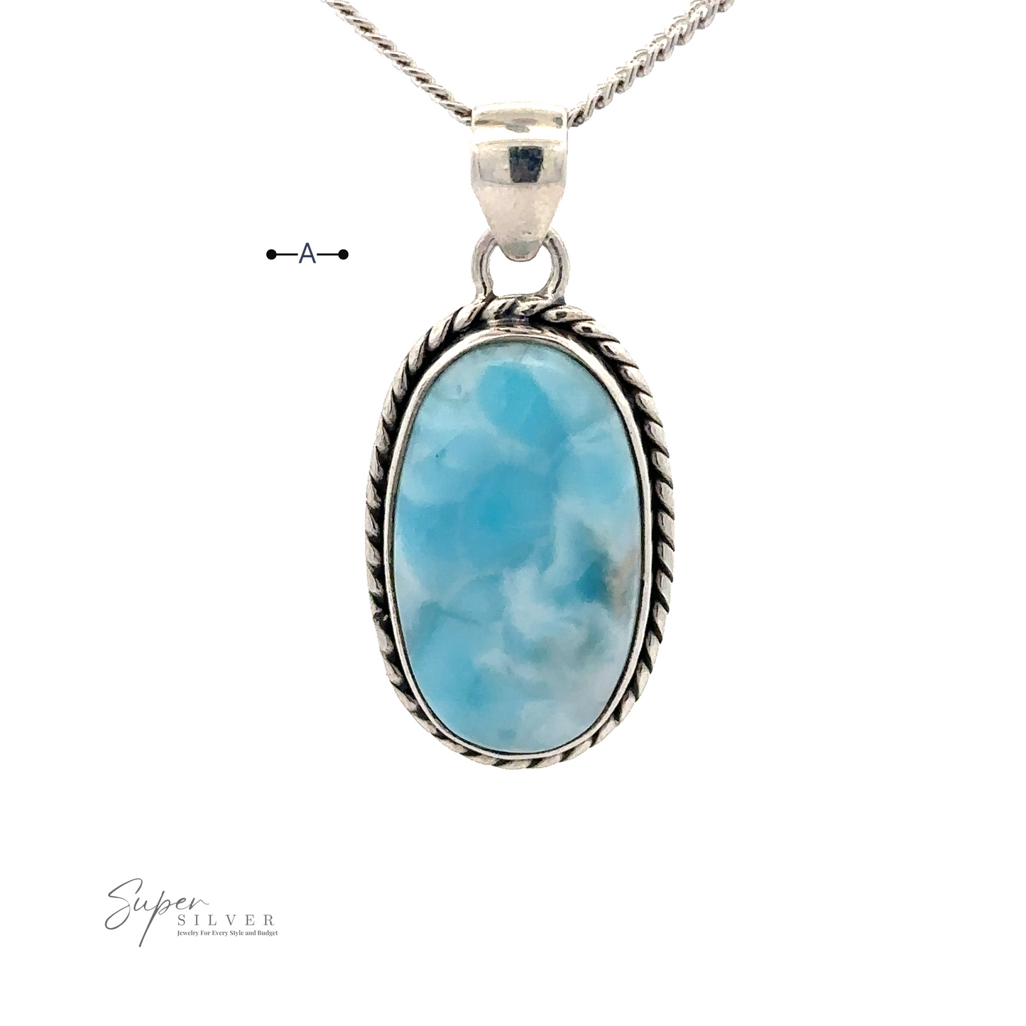 
                  
                    A Larimar Oval Pendant with Ball or Rope Border featuring an oval-shaped blue gemstone. The pendant has a twisted silver border, enhancing the beauty of the stone. "Super Silver" text logo is in the corner.
                  
                