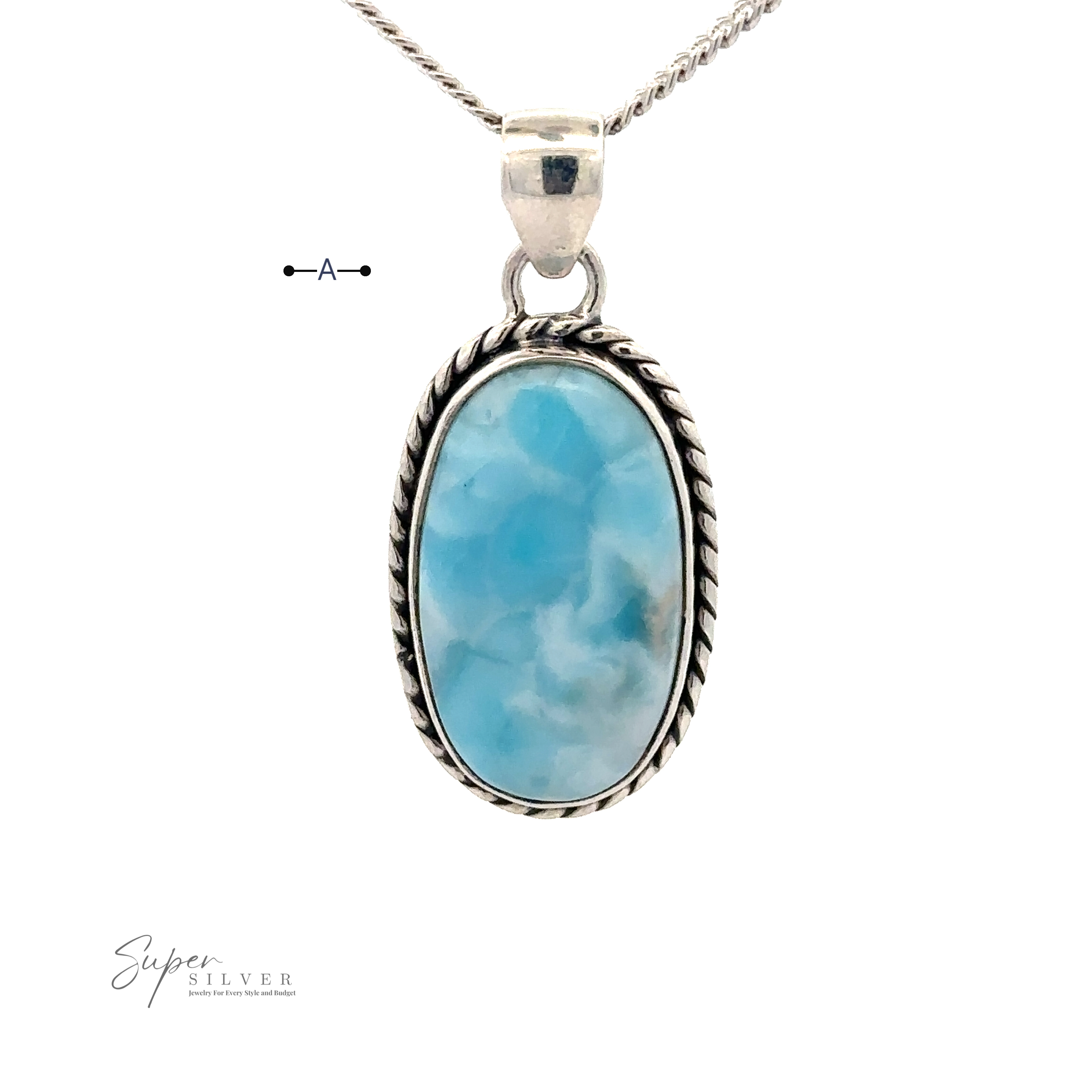 A Larimar Oval Pendant with Ball or Rope Border featuring an oval-shaped blue gemstone. The pendant has a twisted silver border, enhancing the beauty of the stone. "Super Silver" text logo is in the corner.