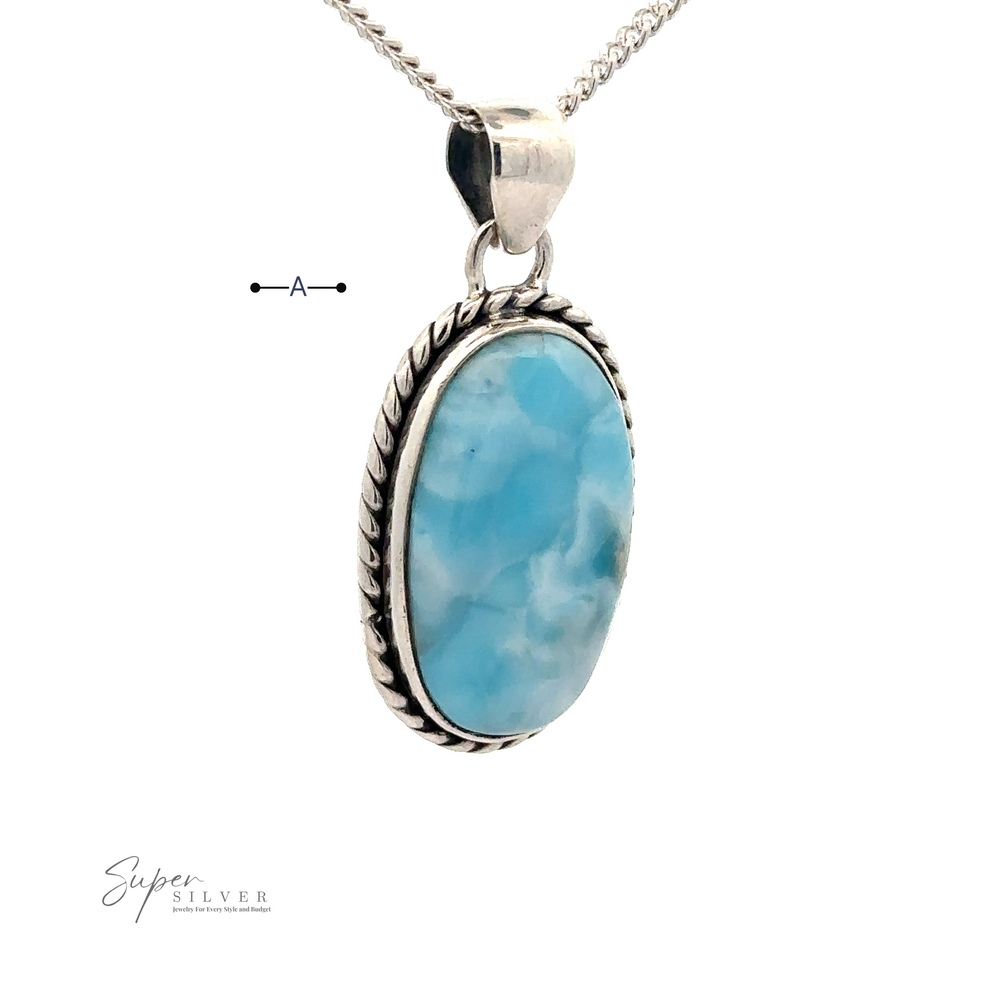 
                  
                    A Larimar Oval Pendant with Ball or Rope Border hangs on a delicate sterling silver chain. A logo with the text "Super Silver" is at the bottom left corner.
                  
                