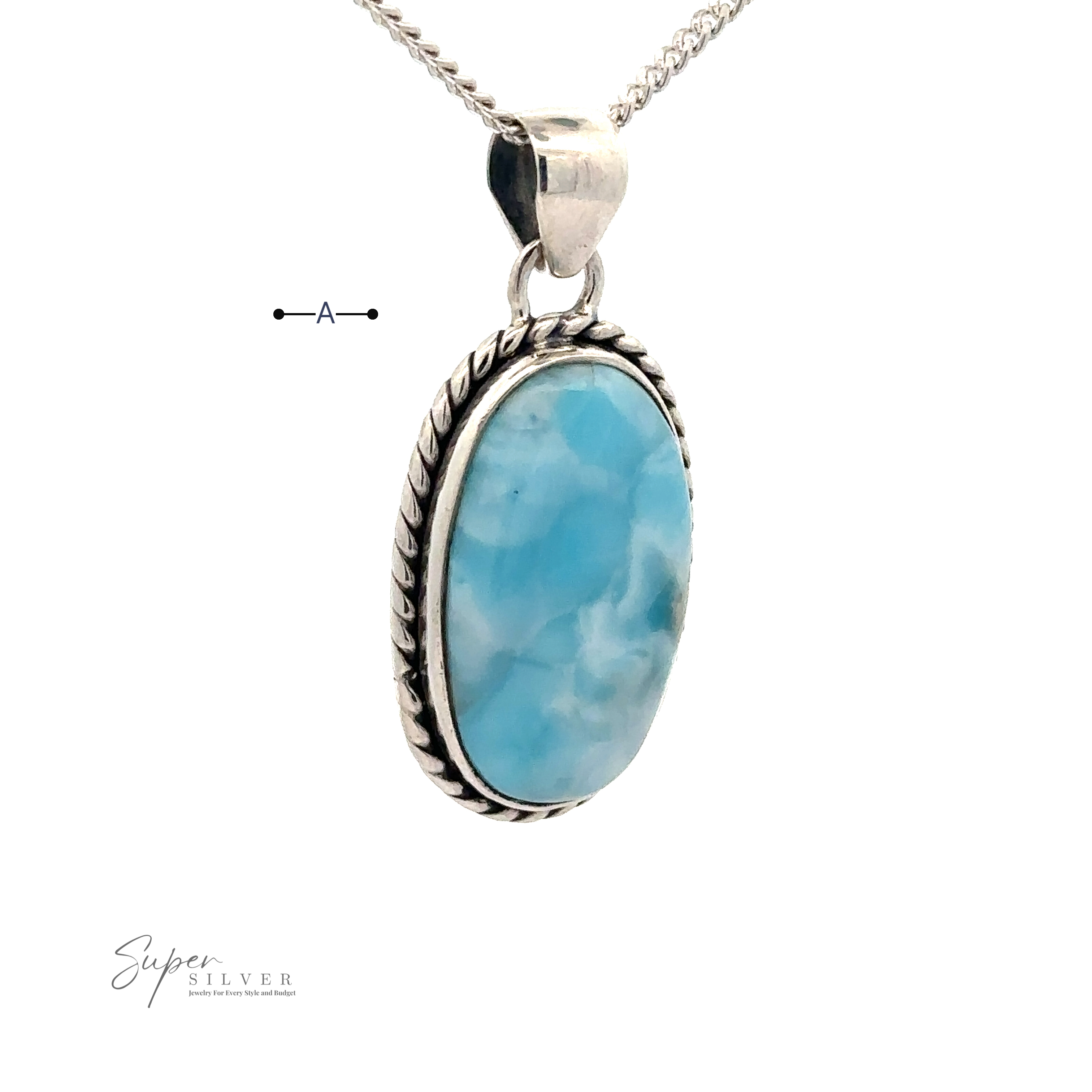 A Larimar Oval Pendant with Ball or Rope Border hangs on a delicate sterling silver chain. A logo with the text "Super Silver" is at the bottom left corner.