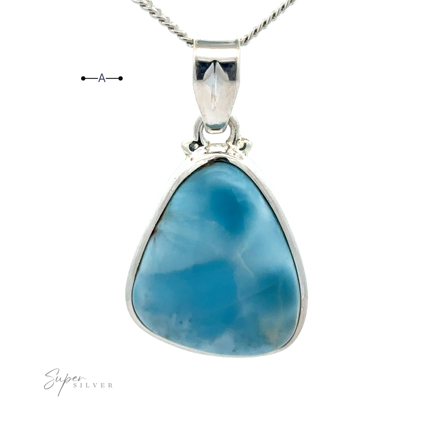 
                  
                    A silver necklace with a Freeform Shape Larimar Pendant is shown against a white background. The pendant has slight marbling and is polished. The sterling silver chain features a simple twisted design, but please note the chain is not included.
                  
                