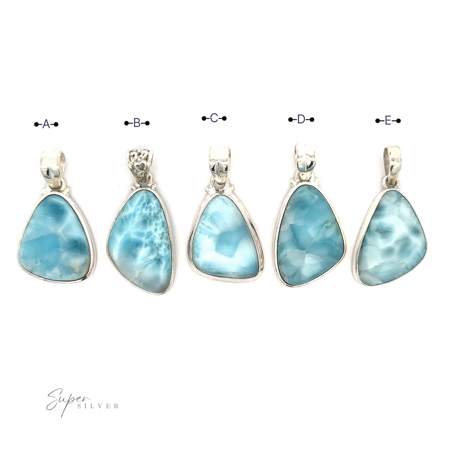 Five blue Freeform Shape Larimar Pendants labeled A to E, each set in a sterling silver frame. The stones vary slightly in shape and pattern. The background is plain white with the text "Super Silver" in the bottom left corner. Chain not included.