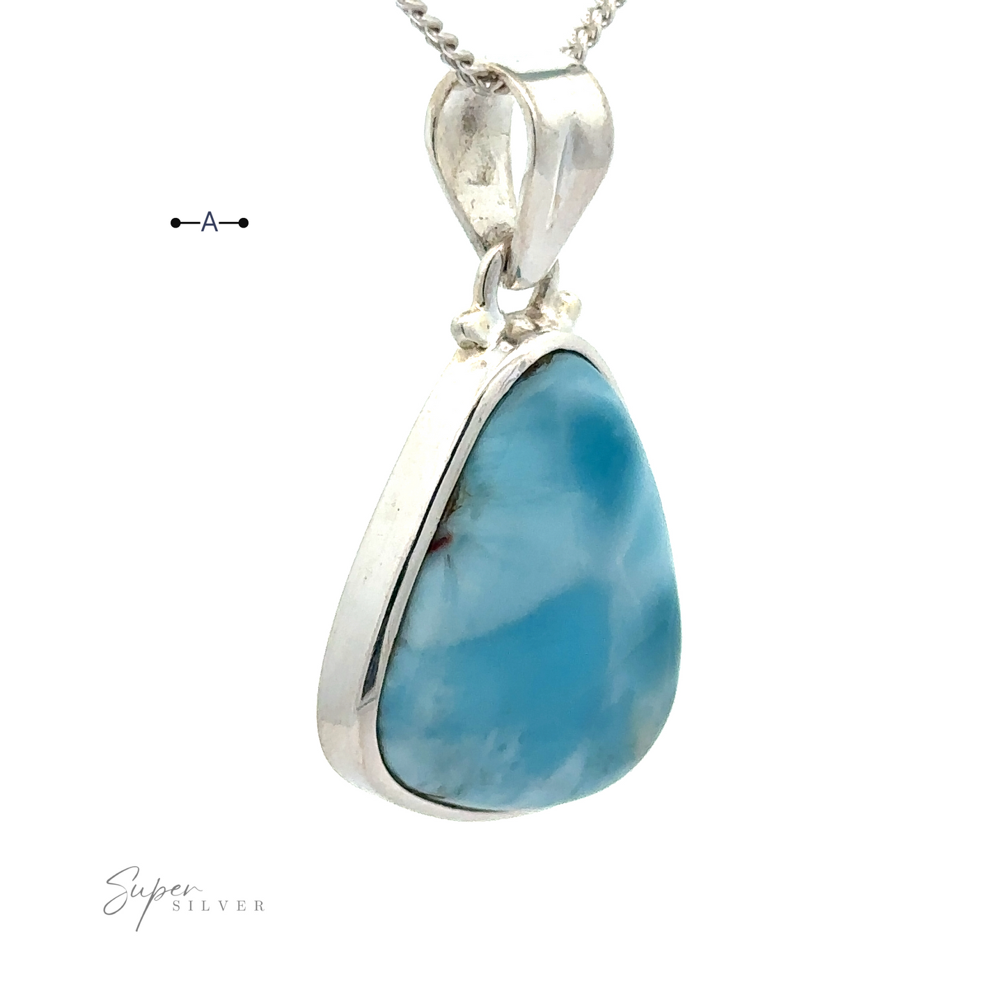 
                  
                    A teardrop-shaped Freeform Shape Larimar Pendants set in sterling silver with a silver chain. The background is white, and the text "Super Silver" is seen on the bottom left.
                  
                