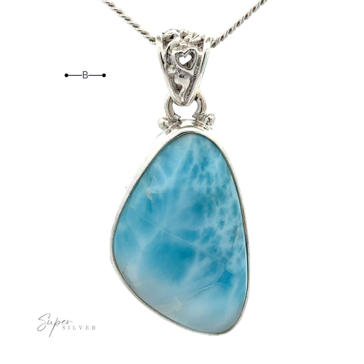 
                  
                    A blue Freeform Shape Larimar Pendant on a Sterling Silver chain with ornate detailing. The pendant has a triangular shape with a polished surface. The brand "Super Silver" is noted in the bottom left corner. Chain not included.
                  
                