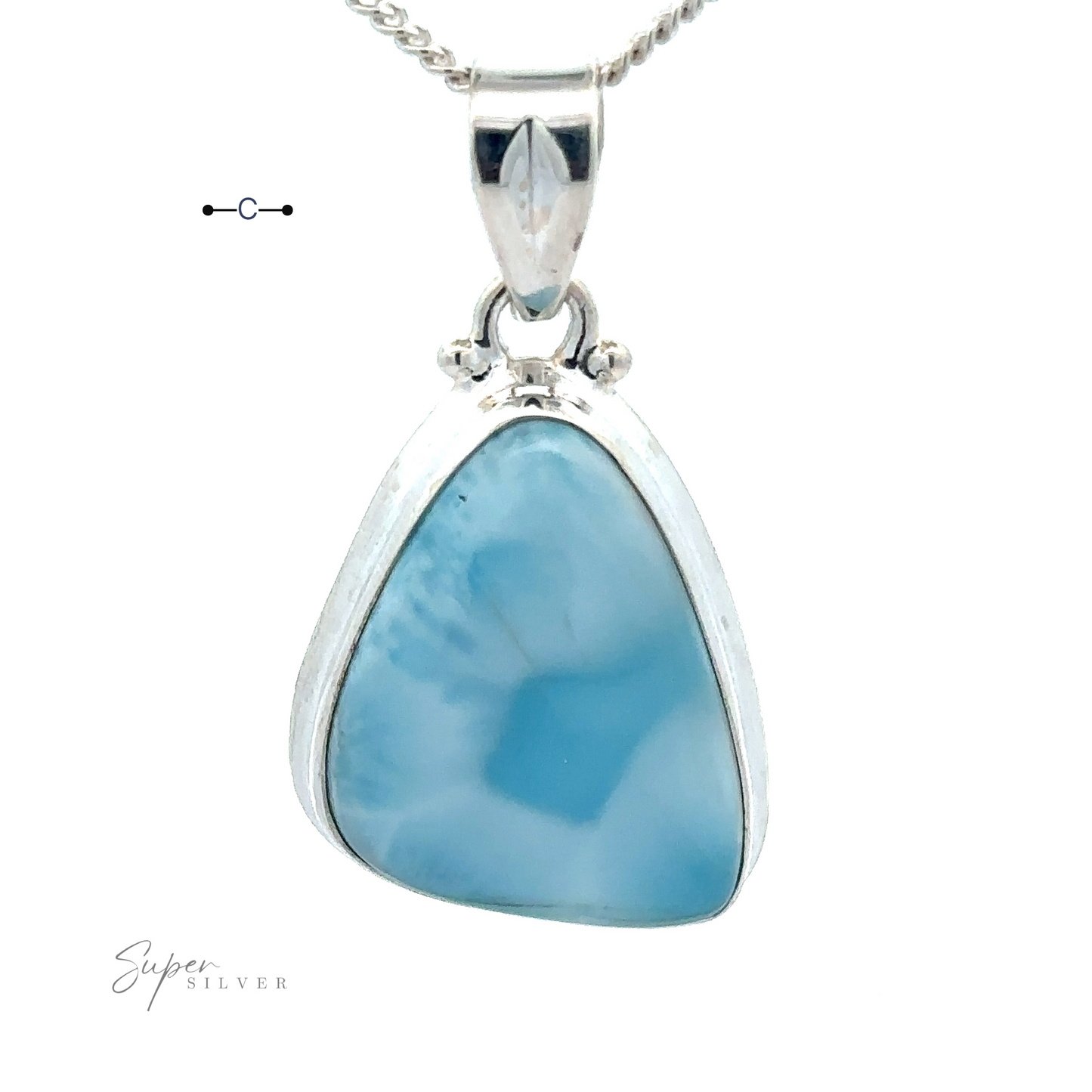 
                  
                    A Freeform Shape Larimar Pendant features a polished blue Larimar gemstone with an irregular triangular shape, adorned with a delicate chain. The text "Super Silver" is visible at the bottom left corner.
                  
                