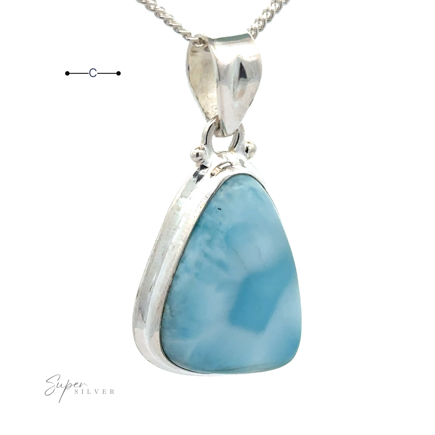 
                  
                    A Freeform Shape Larimar Pendant set in a sterling silver frame is hanging on a silver chain necklace.
                  
                