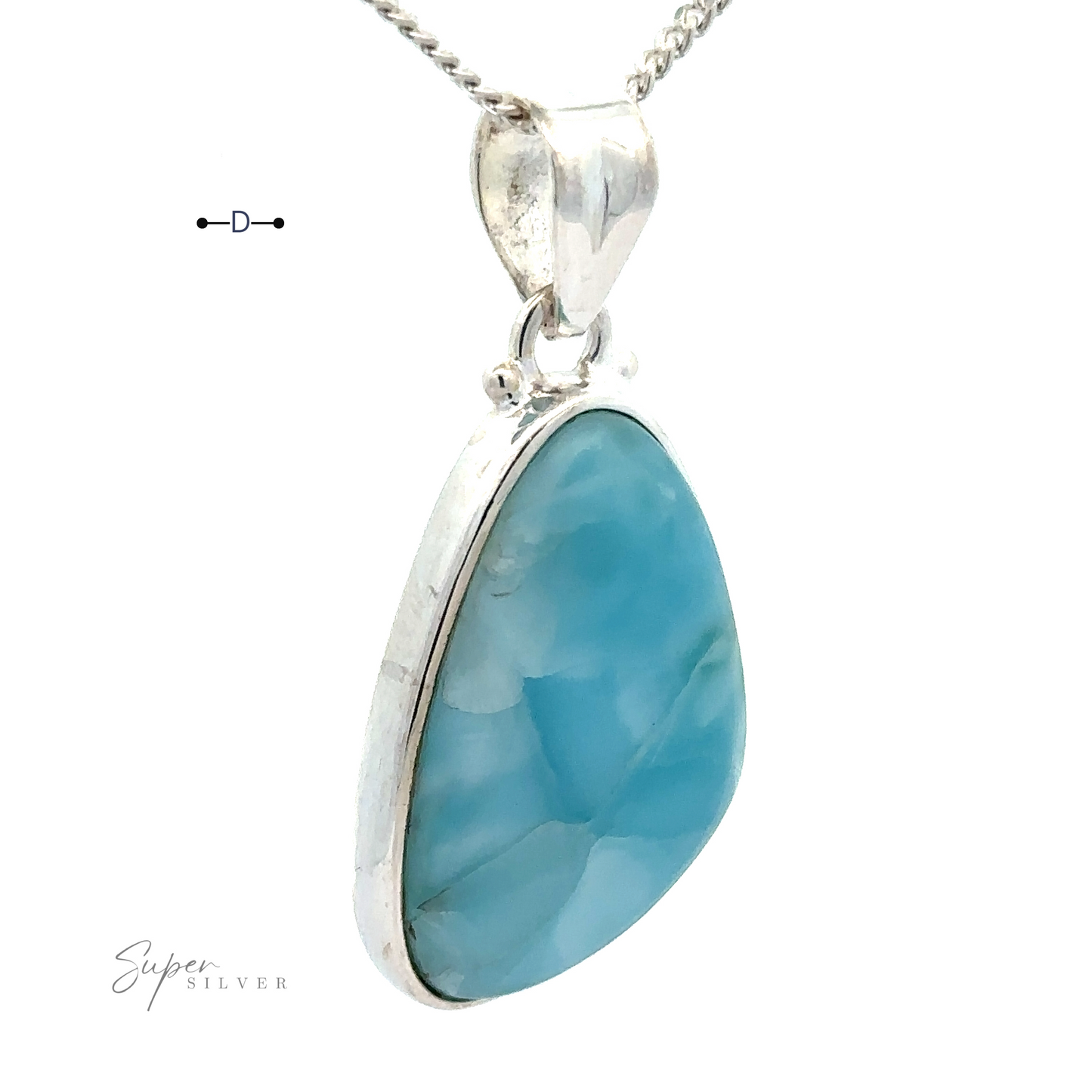 
                  
                    A silver pendant necklace featuring a large, irregularly shaped Larimar stone crafted in sterling silver. Chain not included. Freeform Shape Larimar Pendants.


                  
                