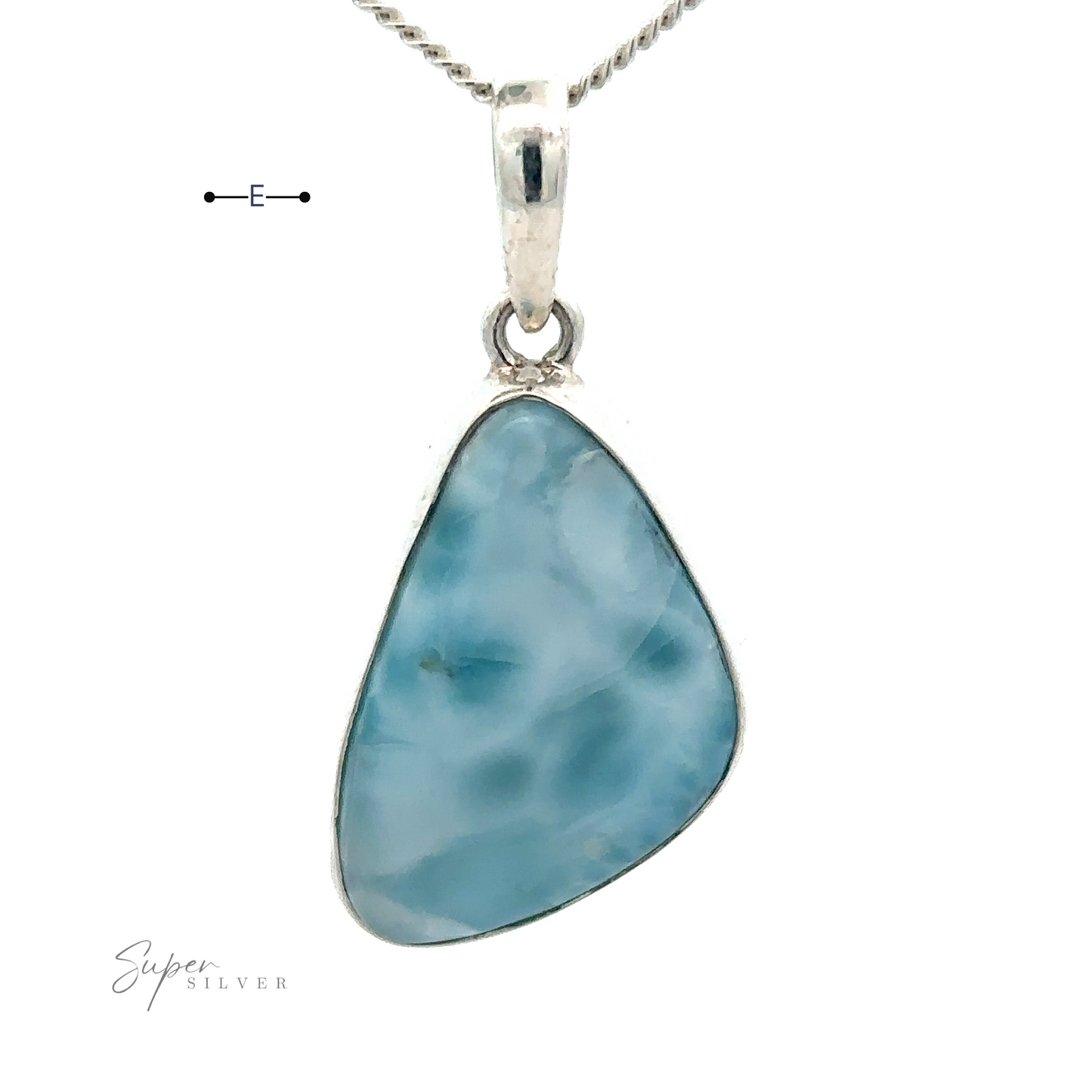 
                  
                    A pendant necklace with a Sterling Silver chain holding a triangular blue Larimar stone. "Freeform Shape Larimar Pendants" is written in the lower left corner.
                  
                