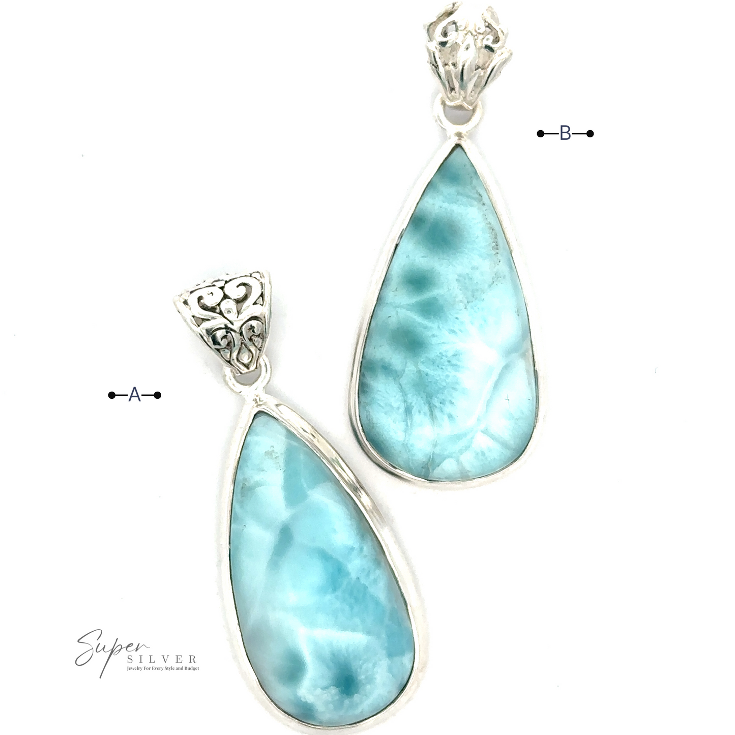 
                  
                    Two teardrop-shaped, silver-framed green stones with intricate silver detailing at the top. The bottom stone is larger than the top one. Made of .925 Sterling Silver, the Teardrop Larimar Pendant has the Super Silver logo at the bottom left corner. Chain not included.
                  
                
