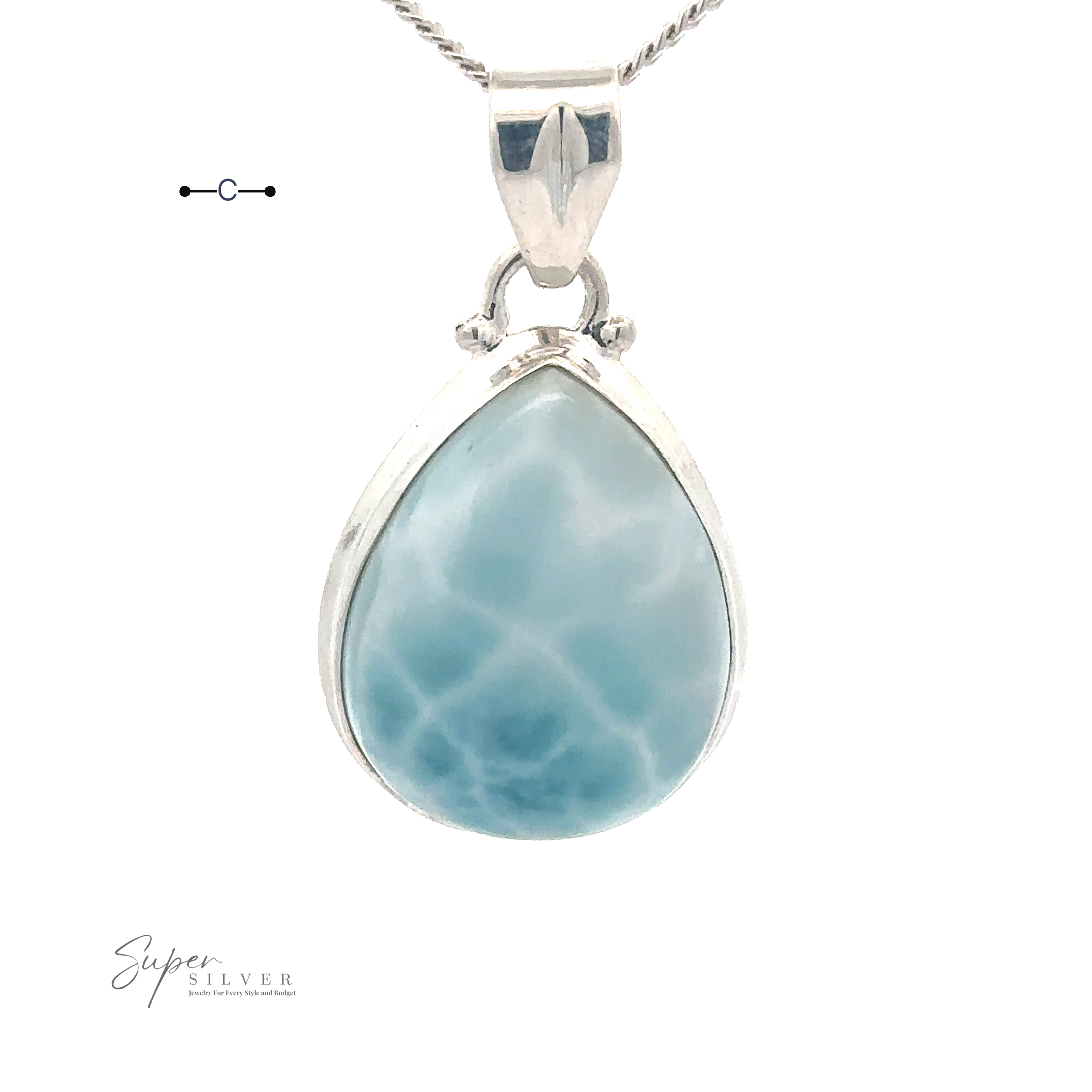 A Small Teardrop Larimar Pendant with a sterling silver border and chain, branded "Super Silver" at the bottom left—perfect for a night out.