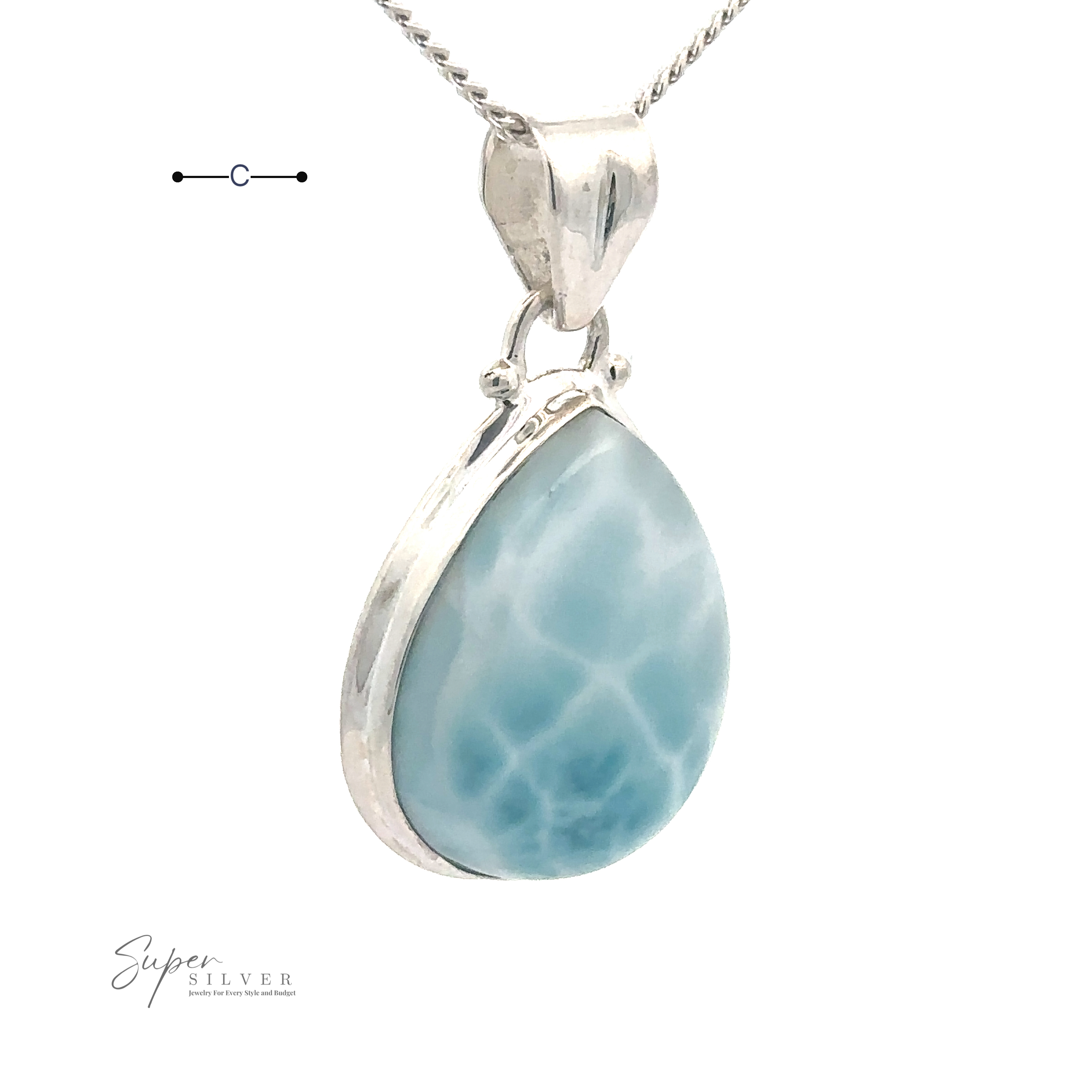 A Small Teardrop Larimar Pendant set in a sterling silver frame hangs from a silver chain, perfect for a night out. A small logo reading "Super Silver" is visible in the corner.