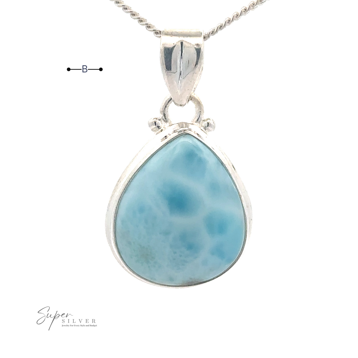 
                  
                    Small Teardrop Larimar Pendant. The stone has a marbled light and dark blue pattern, perfect for a night out. A size reference marked "B" is visible near the pendant. Branding reads "Super Silver.
                  
                