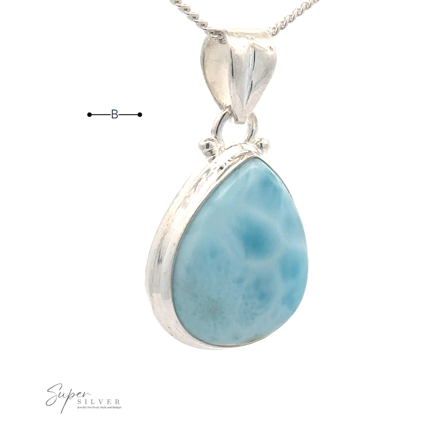 
                  
                    A Small Teardrop Larimar Pendant set in a sterling silver frame, suspended from a silver chain. The letter "B" is labeled nearby. The Super Silver logo is in the bottom left corner—perfect for a night out.
                  
                