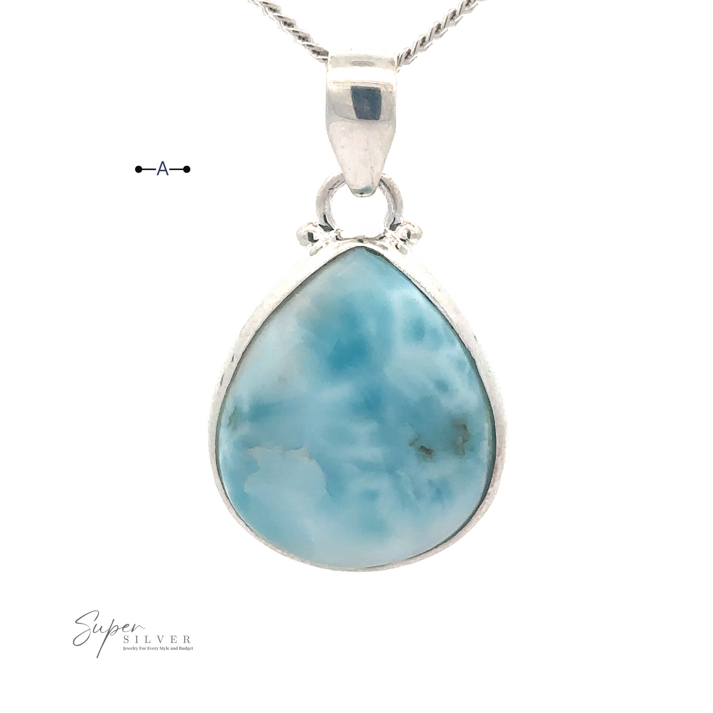 
                  
                    A Small Teardrop Larimar Pendant, set in a sterling silver frame with a teardrop design, hanging from a sterling silver chain—perfect for a night out.
                  
                