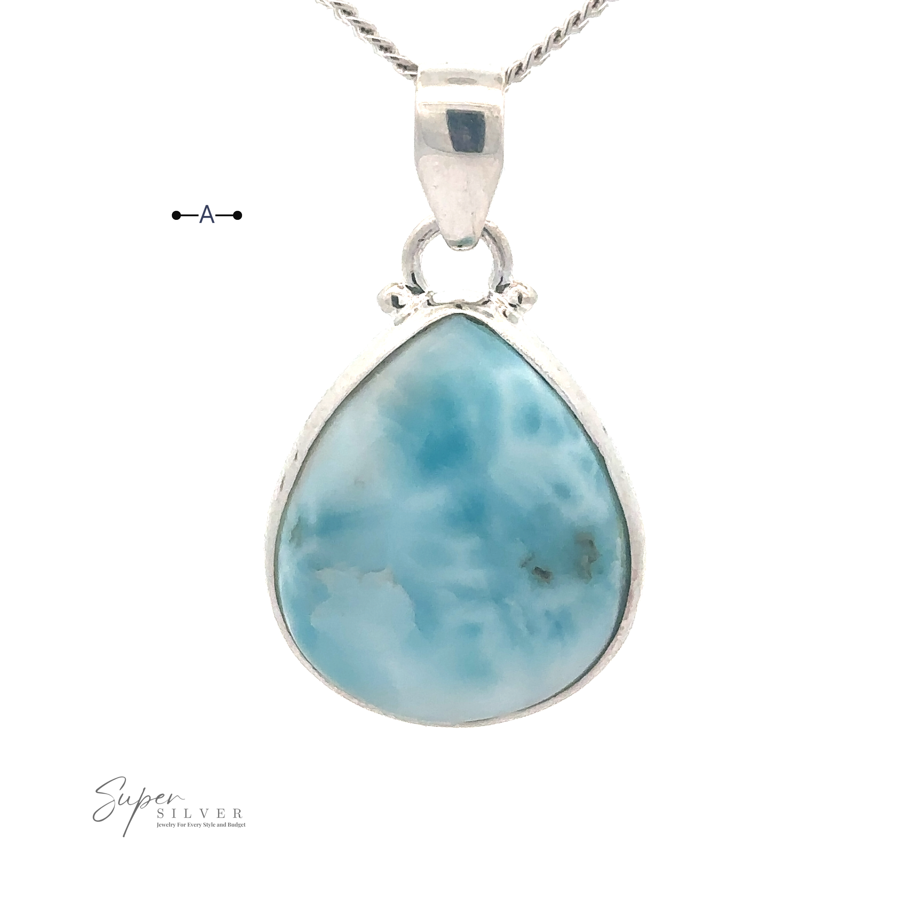 A Small Teardrop Larimar Pendant, set in a sterling silver frame with a teardrop design, hanging from a sterling silver chain—perfect for a night out.